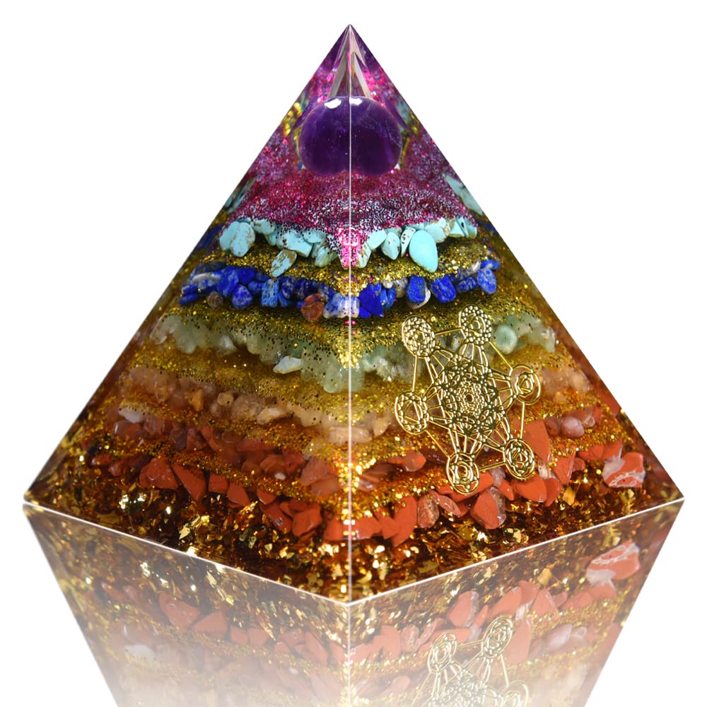 Orgone Pyramid 7Chakras Stone Orgonite Pyramid for Protection & Motivation Healing Crystal Gemstone Pyramid |Ogan Crystal Energy Tower Nature Reiki Chakra Crushed Stone - Handmade