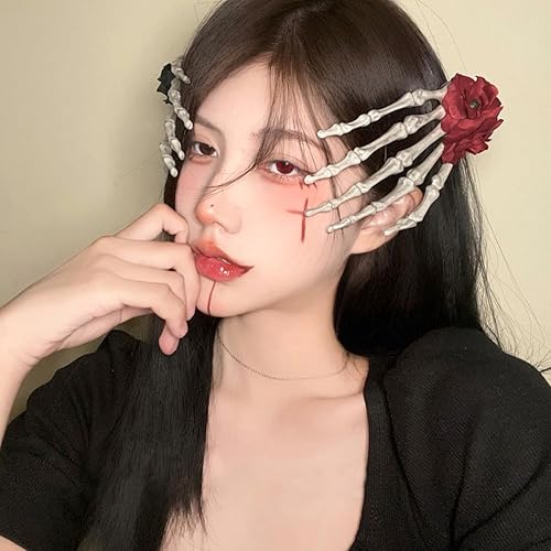 Miniatura 3 de Pinzas para el pelo de hueso de Halloween, horquilla de mano de esqueleto, 2 rosas rojas, flores, accesorios para el cabello para mujeres y niñas,