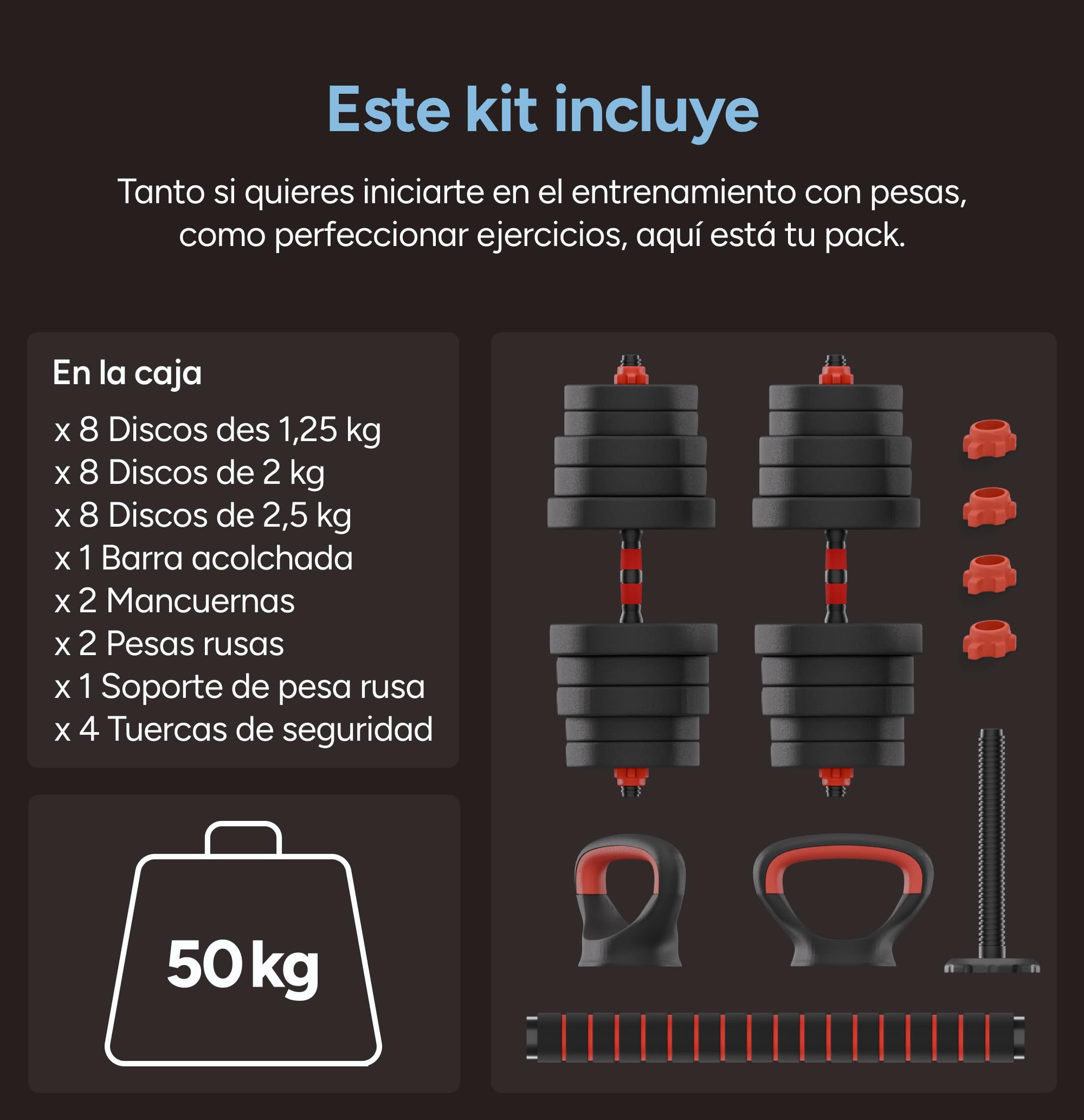 KSIX Kit de Pesas Ajustable 4 en 1, Mancuernas y Pesas Rusas Modulares, Barras Acolchadas con Foam, Negro y Naranja, Discos Múltiples, Entrenamiento Muscular Completo