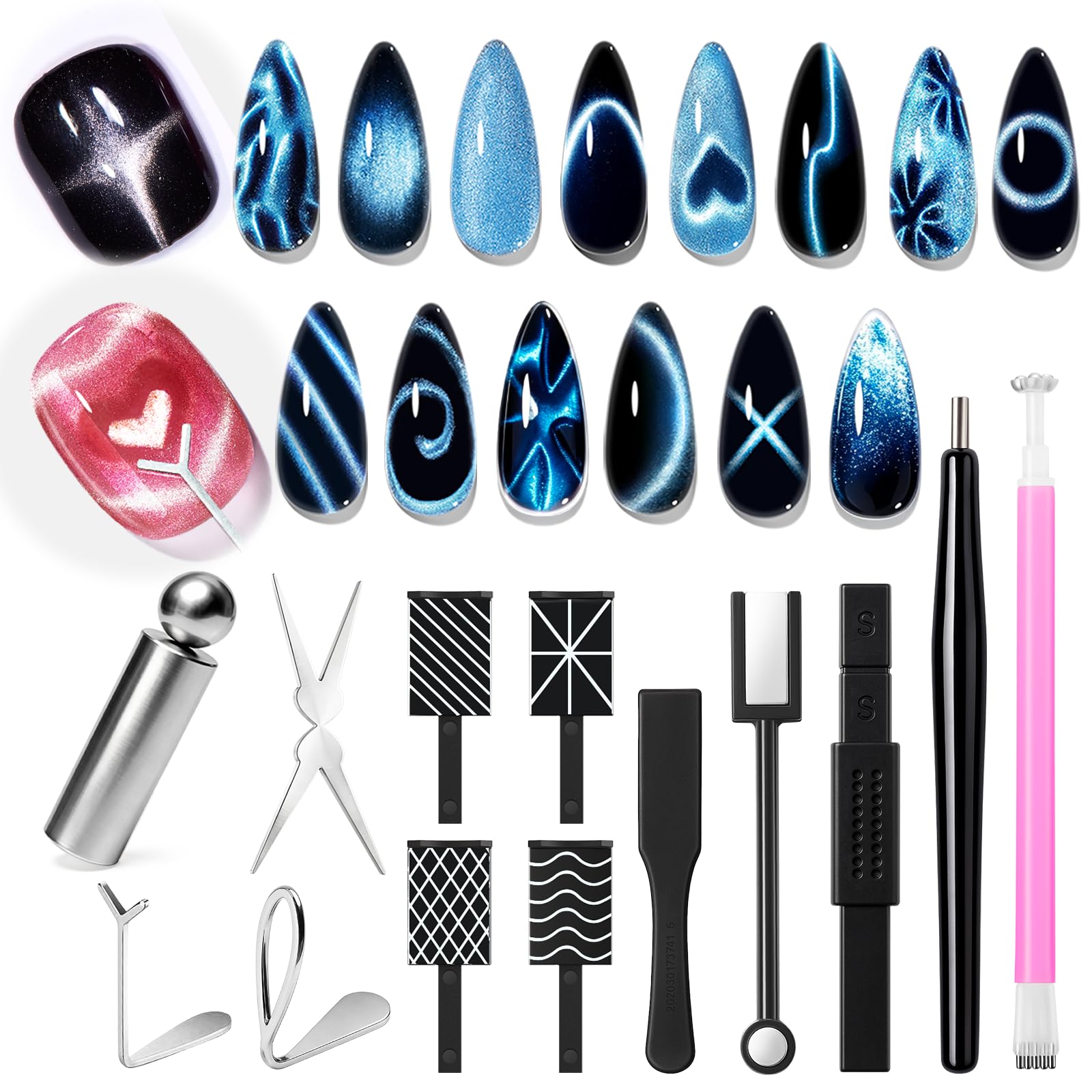 AzureBeauty Magnes kocie oko narzędzia do zdobienia paznokci - 14 szt. potężny żelowy lakier do paznokci Cateye narzędzia magnetyczne - serce / francuskie / czarne otwory magnetyczne sztyfty, DIY