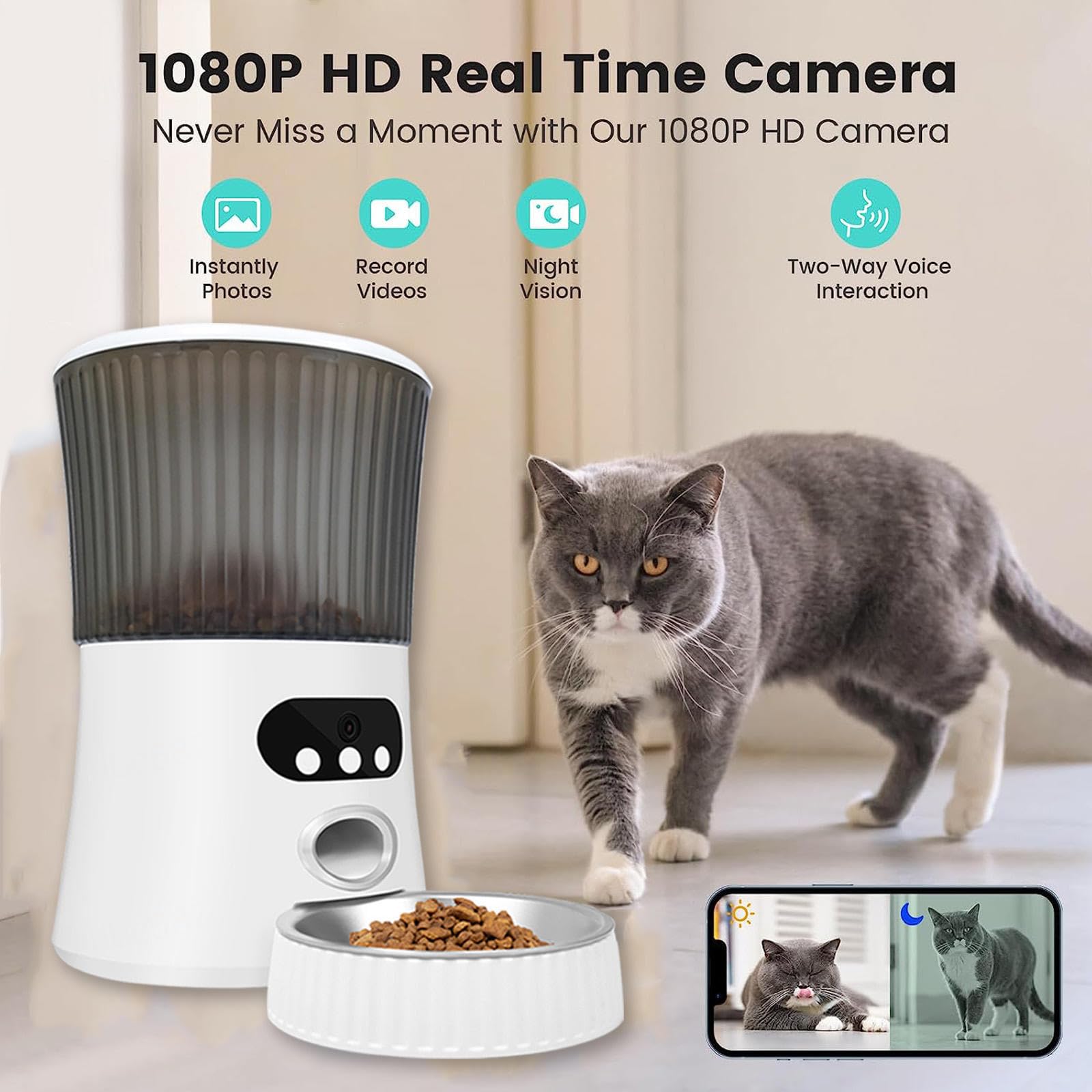 Comedero Automático para Gatos, 6L 2.4G WLAN,con App Control, Full 1080p HD Cámara y Visión Nocturna Comedero Automatico para Gatos, Comedero para Gatos