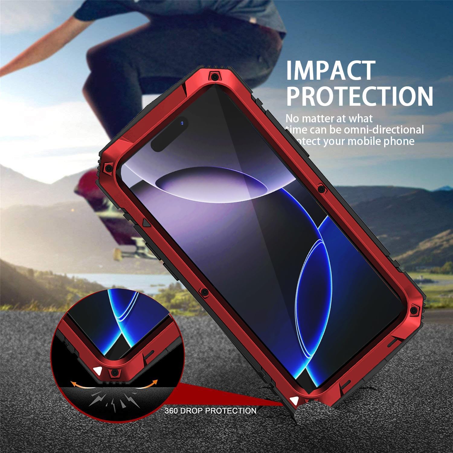 Metal Heavy Duty Phone Case Compatible with iPhone 17 Pro with Kickstand Built-in Gorilla Glass Lens Camera Protection Sturdy Military Durable Dustproof Aluminum Screws Cover for Men (Red)