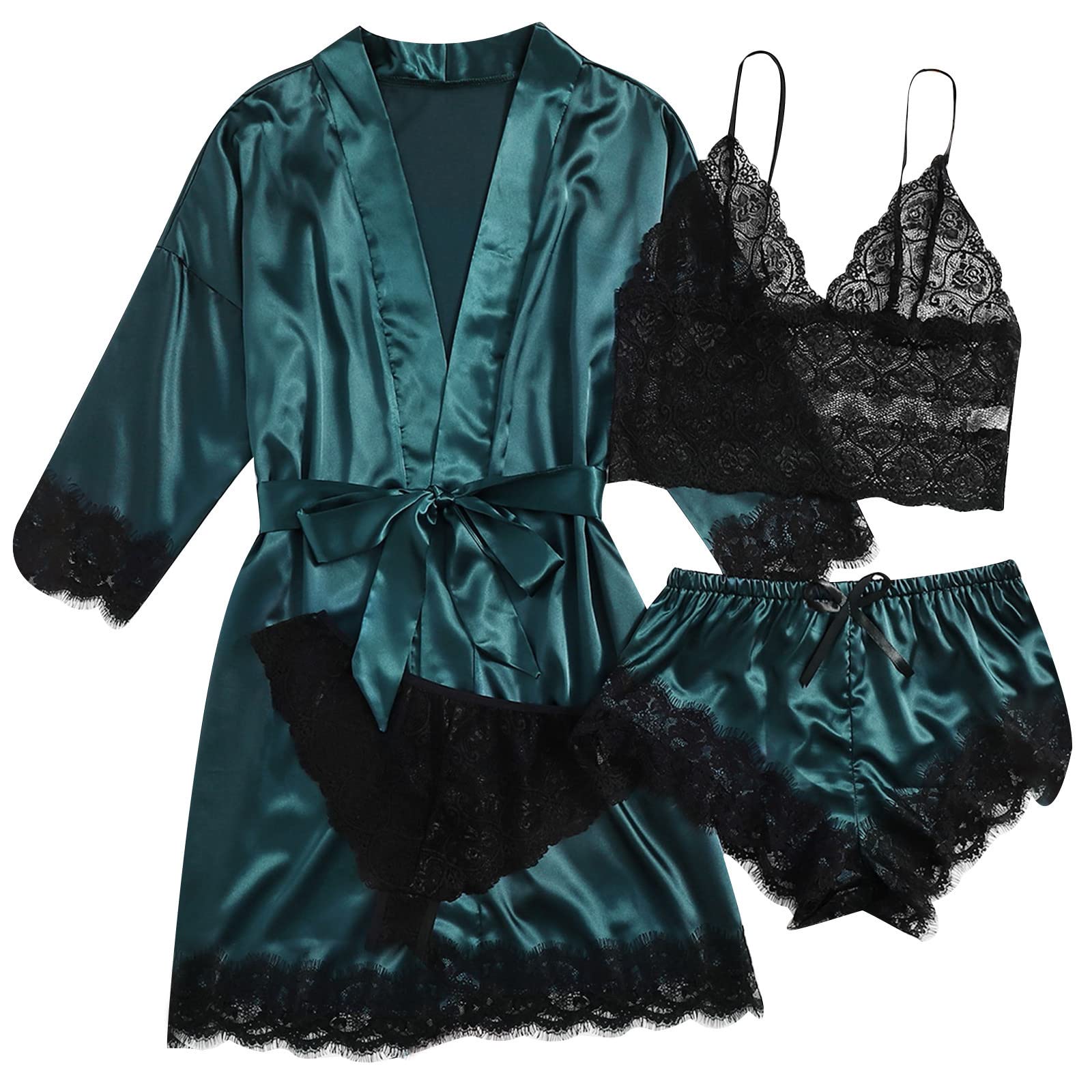 Women's Silk Satin Pajamas Set 4pcs Lingerie Floral Lace Sleepwear with Robe Babydoll Chemise Sexy Nightgown Plus Size