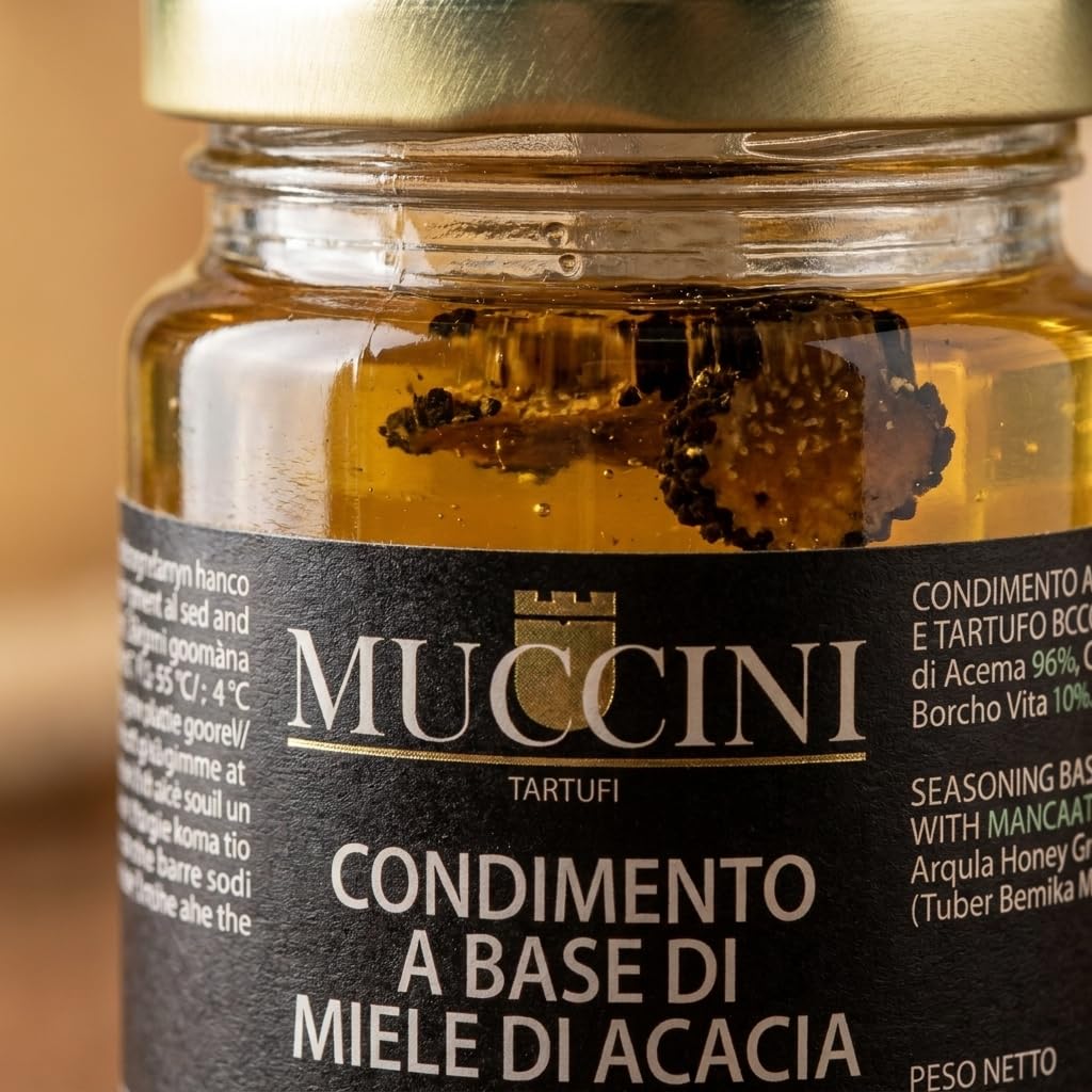 Muccini Miele di Acacia con Fette di Tartufo Bianchetto, Vaso da 90g (Confezione da 6 Vasi)