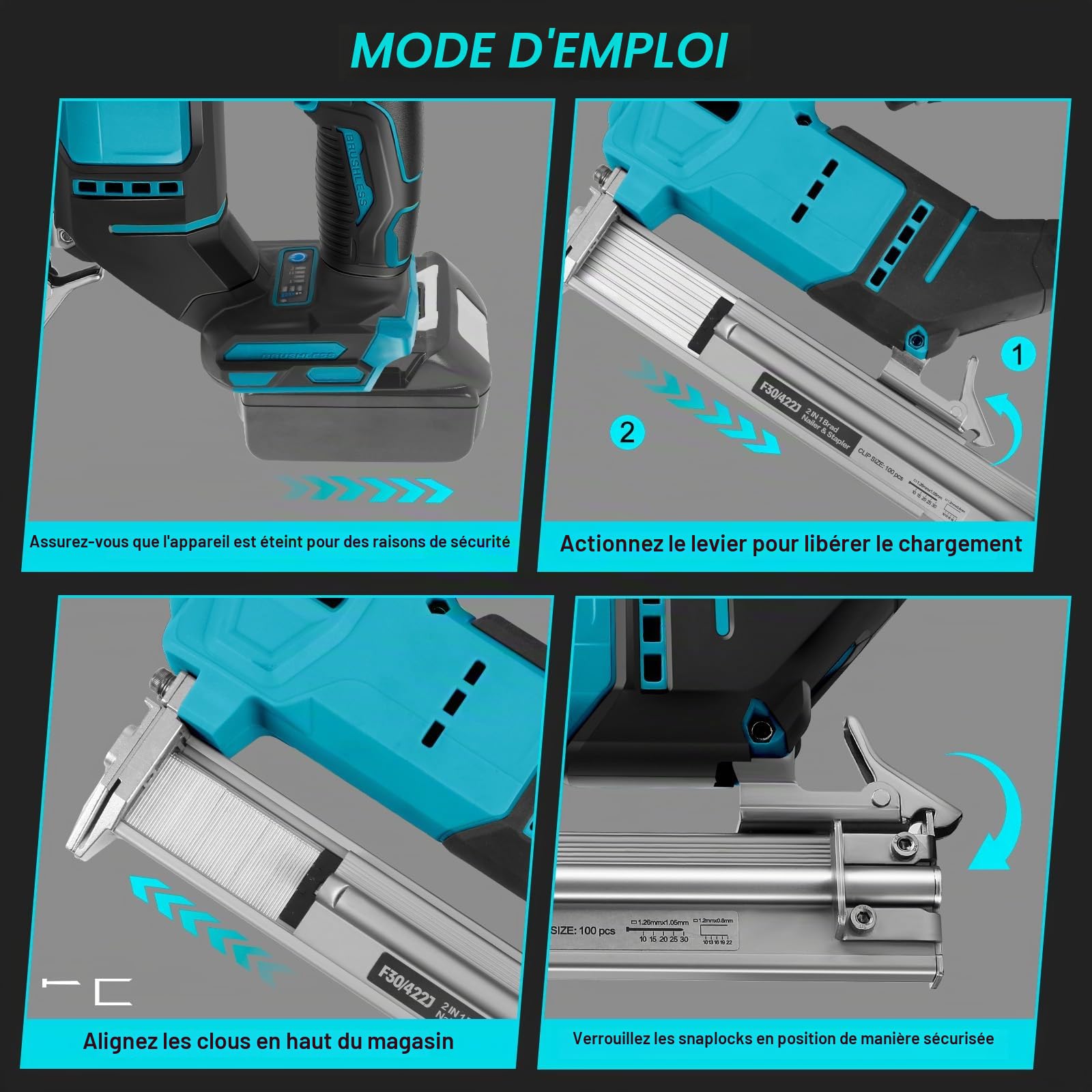 Cloueuse sans fil compatible avec batterie Makita 18 V (sans batterie), agrafeuse électrique sans balais 18 GA avec 500 clous et 500 agrafes, pistolet à clouer sans fil à 2 modes pour tapisserie