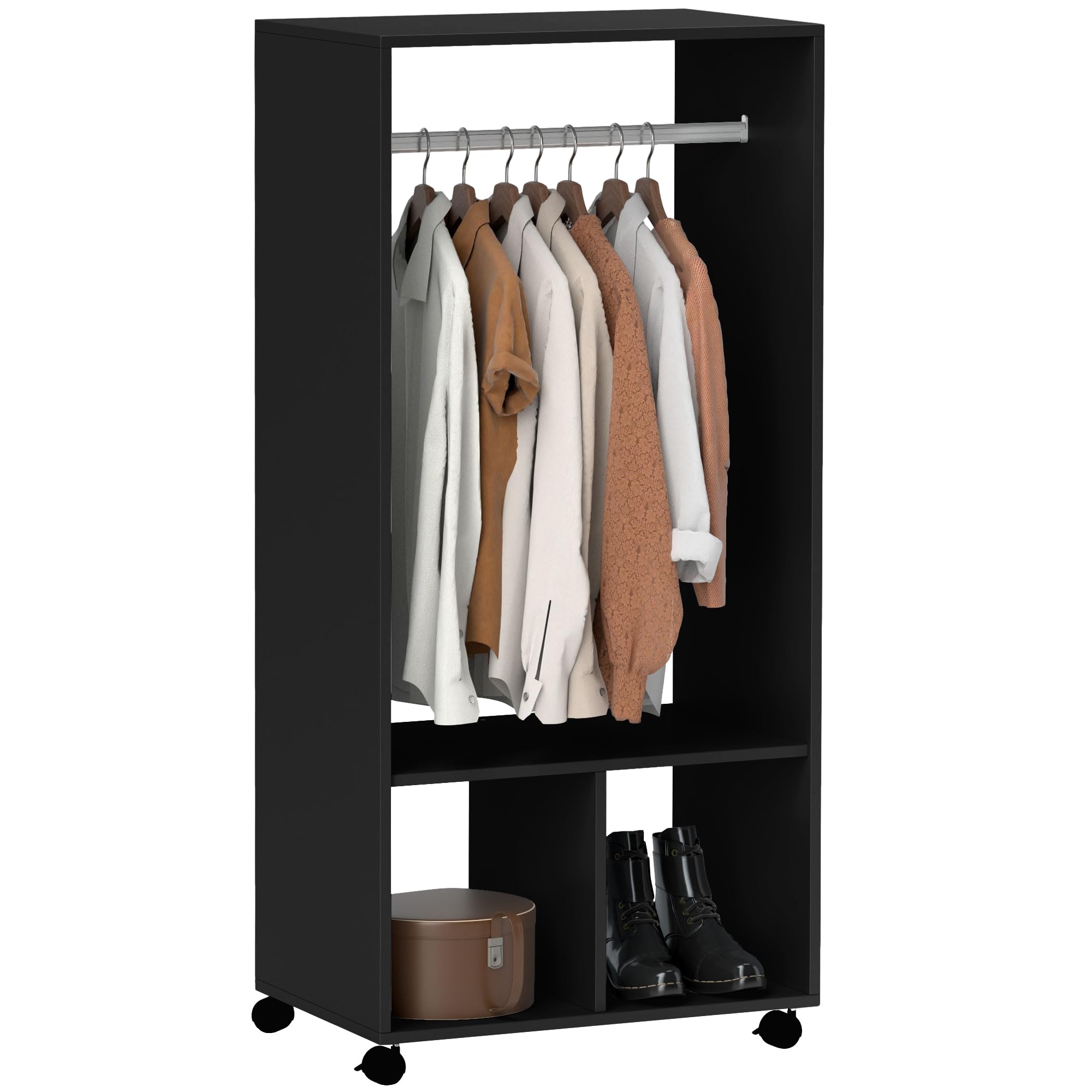 HOMCOM Armoire penderie étagère 2 niches penderie 4 roulettes pivotantes dim. 60L x 40l x 128H cm Coloris Noir