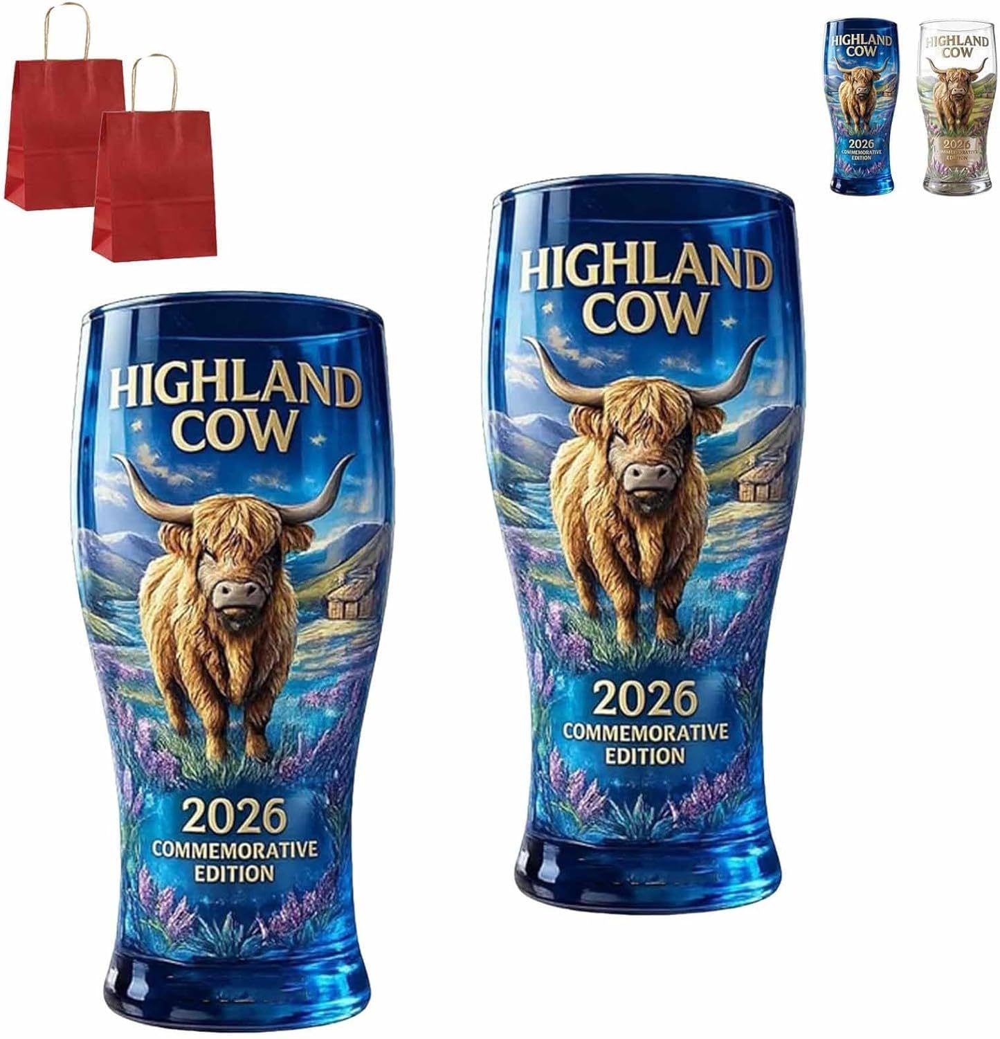 KGAIXN Highland Cow 2026 Commemorative Glass Tumbler, Embossed Highland Landscape Beer Glass, Scottish Longhair Cow Pint Coffee or Cocktail Cup for Home Bar Pub Use 39, 2pcs-colorful