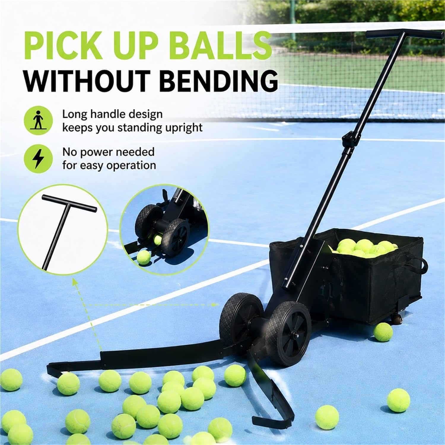 Raccoglitore di Palline da Tennis, Raccoglitore Portatile di Palline da Pickleball, capacità 120 Palline, Ruota Girevole A 360°, Carrello Pieghevole per Una Facile Raccolta, per Allenamento E