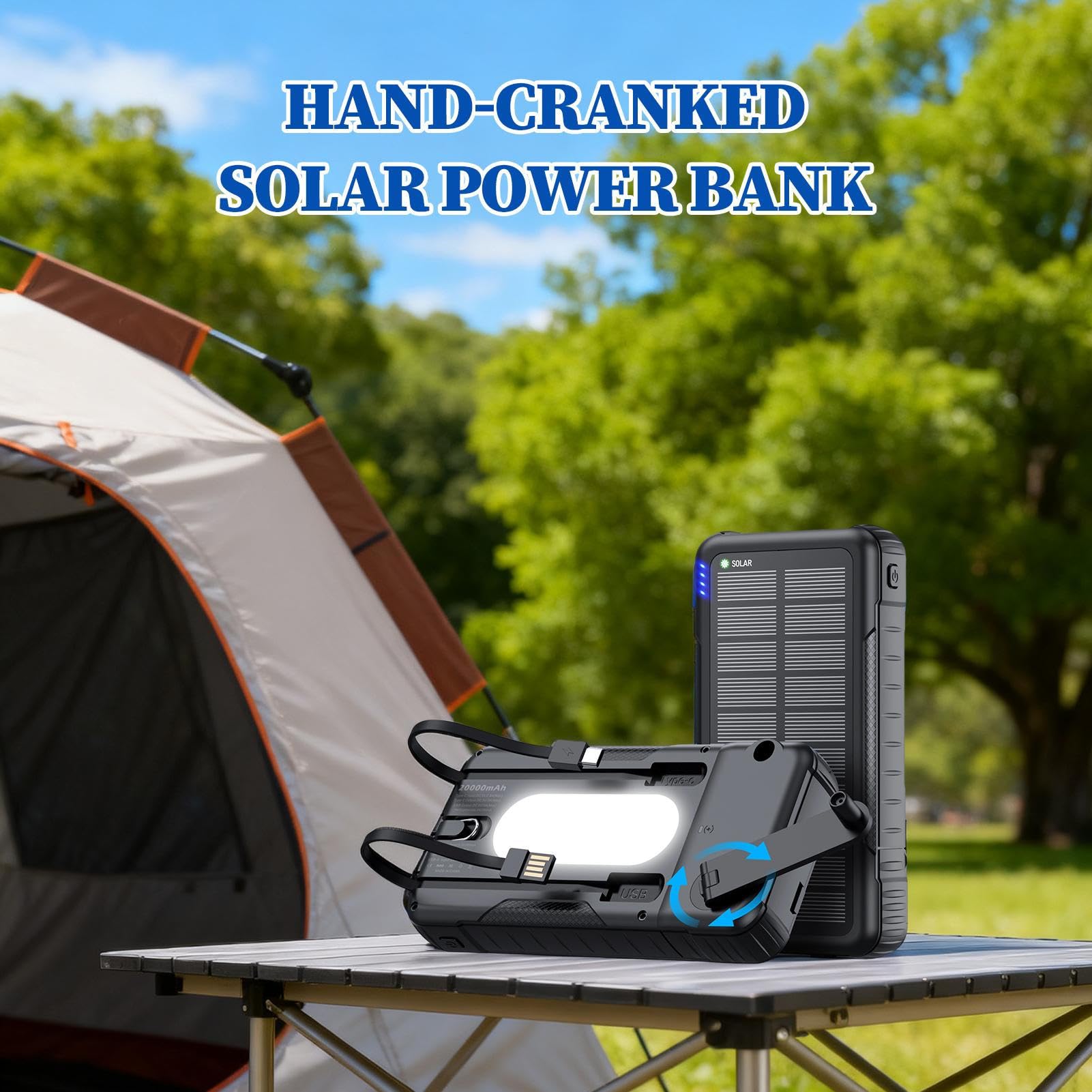 Batteria Portatile Con Pannello Solare Power Bank Impermeabile 20000mAh | Power Bank con Manovella e Energia Solare Per Smartphone, Fotocamera, Tablet, Campeggio, Escursionismo E Zaino In Spalla