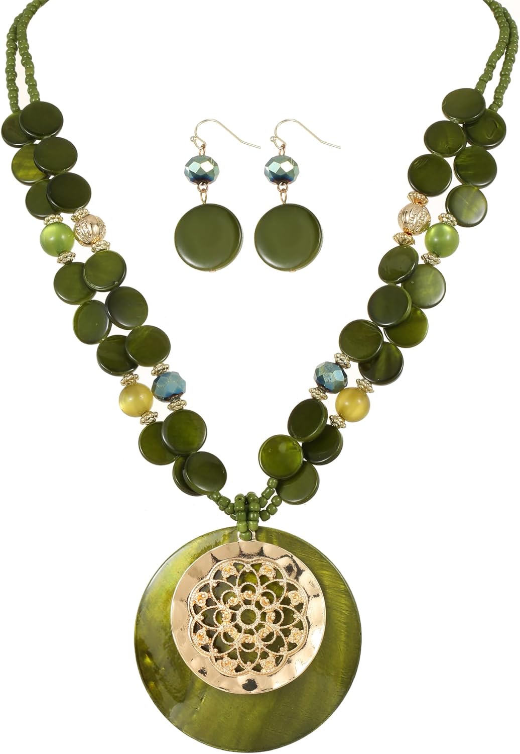 Big Pendant Necklaces for Women Fashion Multi Color Beaded Statement Necklace and Earrings Set Fashion Trendy Costume Jewelry