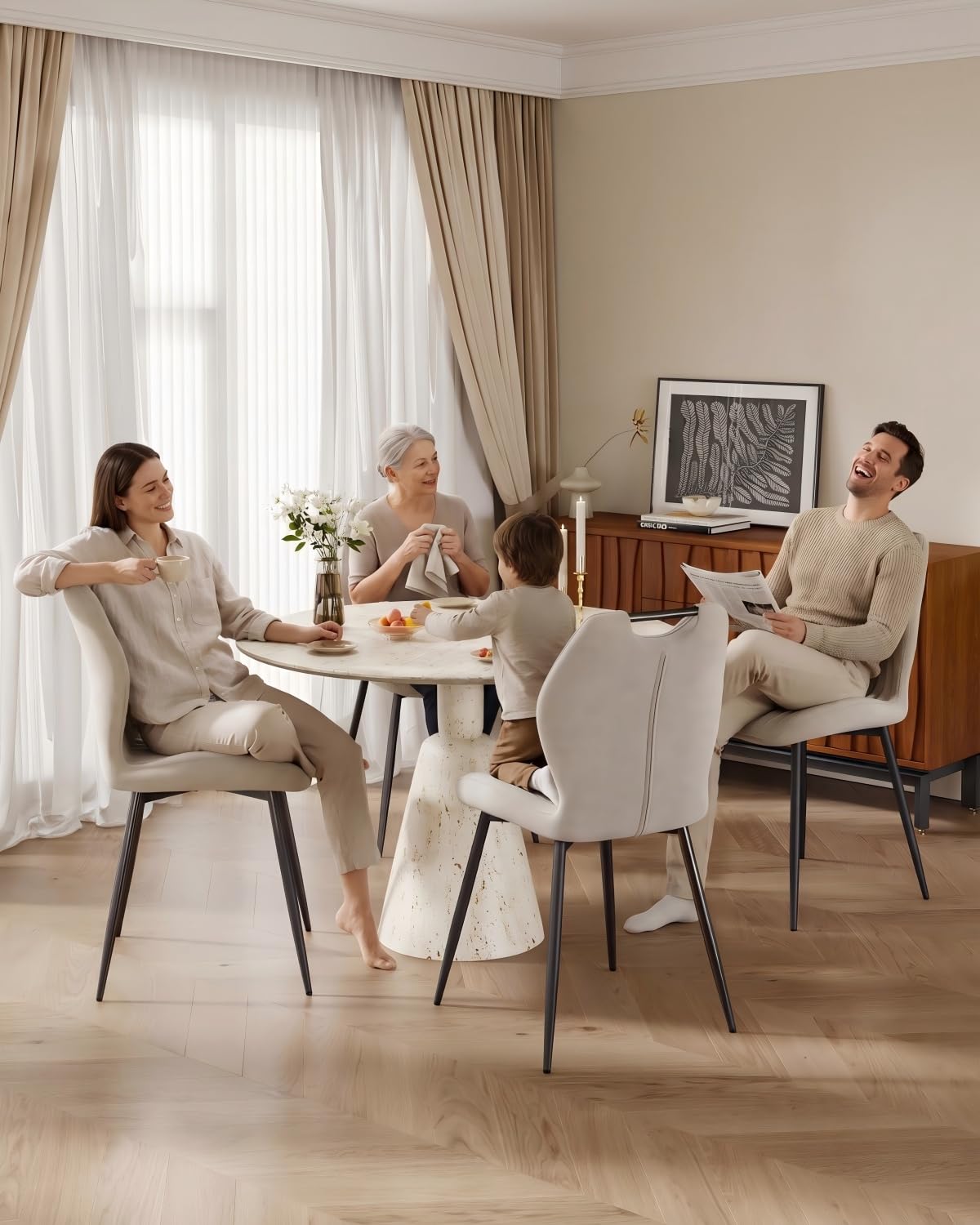 JIJIAN Sillas de Comedor Pack de 6 en Tela de Lino Marrón Claro | Sillas de Cocina, Sillas de Salón, Sillas Tapizadas, Patas de Metal, para Comedor, Cocina y Restaurante