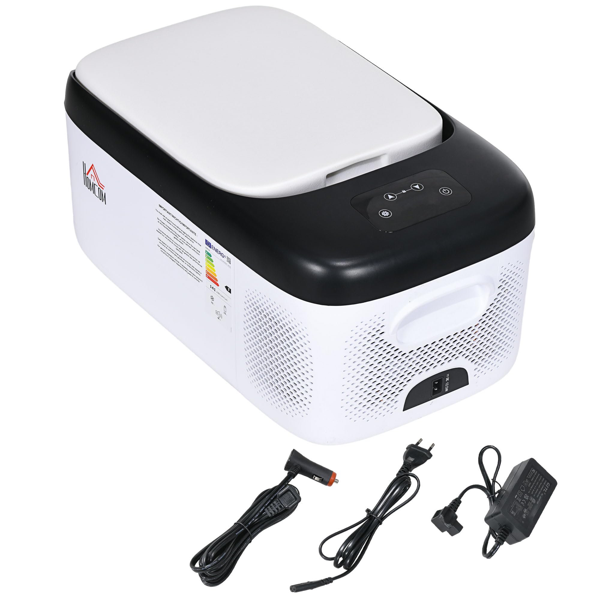 HOMCOM Nevera Compresor Portátil 15L Refrigerador de Coche -20℃-20℃ 12 / 24V DC y 100-240V CA Nevera Eléctrica Silenciosa para Camping Viajes 56,8x33x26,2 cm Blanco