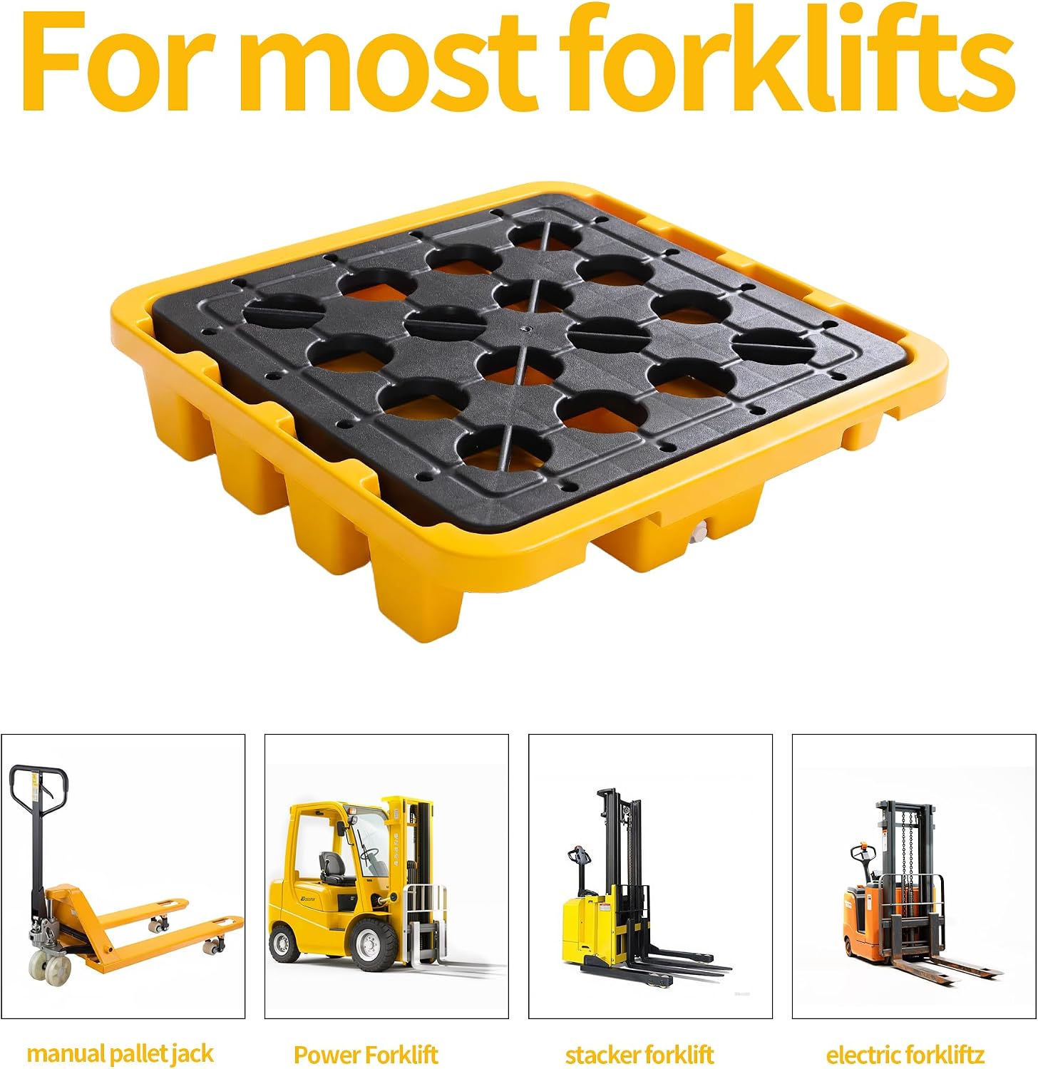 Spill Containment Pallet | 28.35x28.35x6.3 in | Industrial Stackable Modular with Grating & Drain Outlet, Yellow