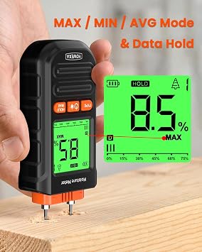 Pin Type Wood Moisture Meter, 7-in-1 for Wood/Drywall/Building | Damp Meter with MAX/MIN/AVG Statistics & 3-Color Backlit LCD Display