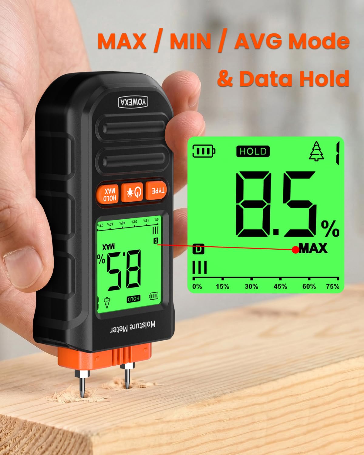 Pin-Type Wood Moisture Meter for Firewood & Lumber | 7 Material Modes, Backlit LCD, Max/Min/Avg & Data Hold for Hardwood, Softwood, Drywall & Selected Building Materials
