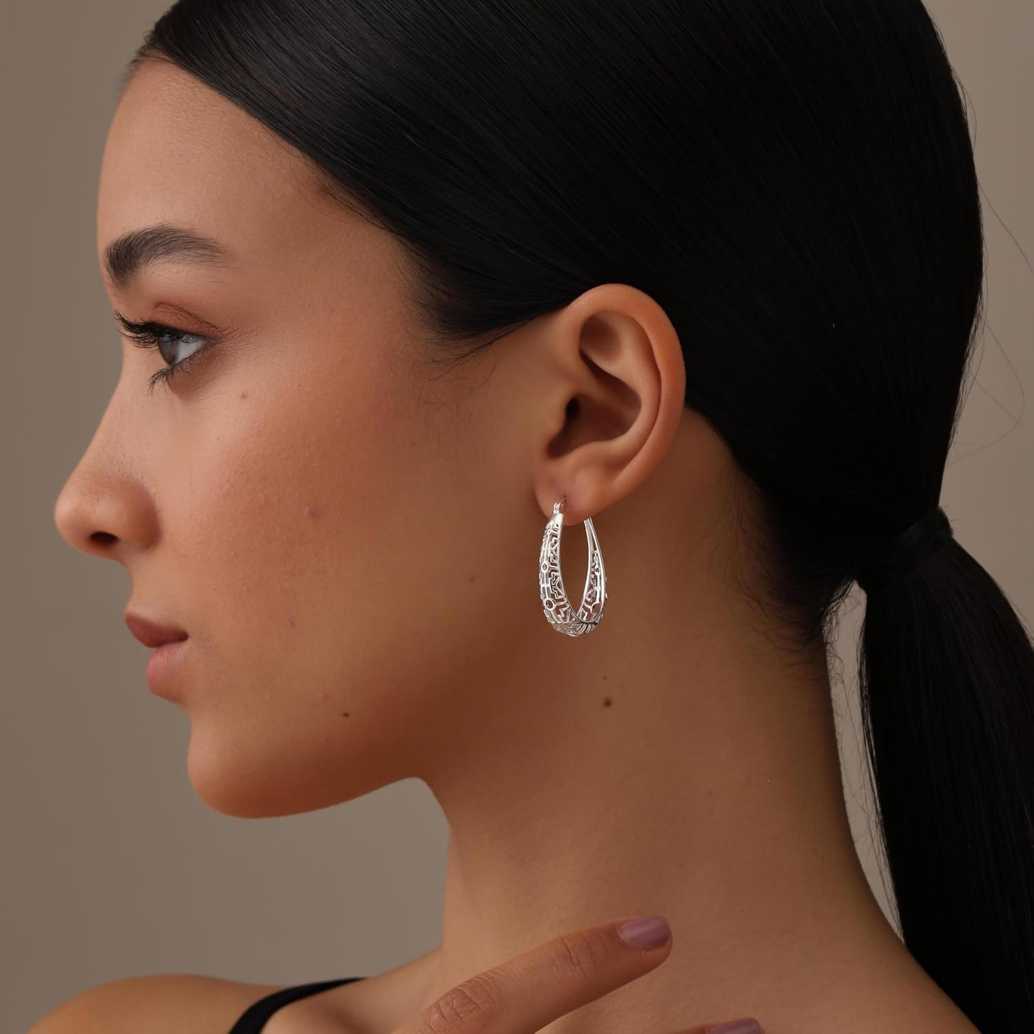 LeCalla 925 Sterling Silver Hoop Earrings | Women's Filigree Hoop Earrings | Openwork Mesh Filigree Cut Earring | Lightweight & Hypoallergenic Vintage Hoop Earrings for Women - Image 2
