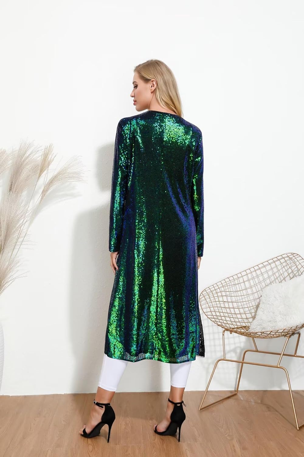 KANCY KOLE Women's Long Sequin Jacket, Sparkly Open Front Evening Blazer, Glitter Formal Clothes Cocktail Wedding Party - Image 2