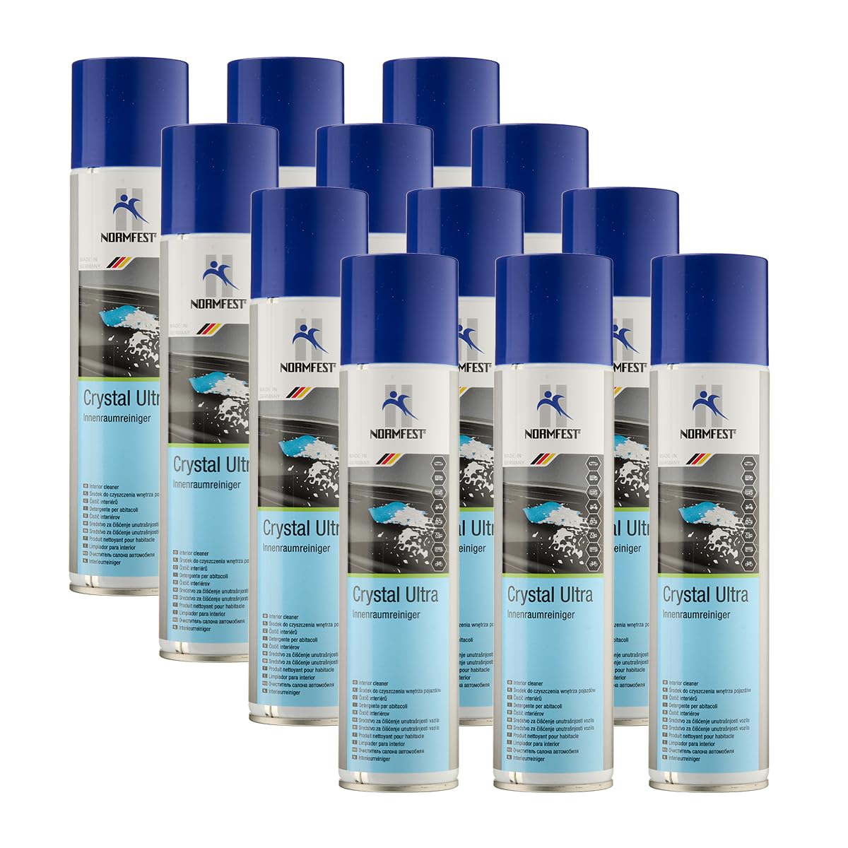 Normfest Crystal Ultra – Innenraumreiniger für Fahrzeuge, entfernt Nikotin, Fett, Staub und Rückstände, schlierenfrei, für Kunststoff, Glas, Textil, Kunstleder und lackierte Flächen, 12x 400ml