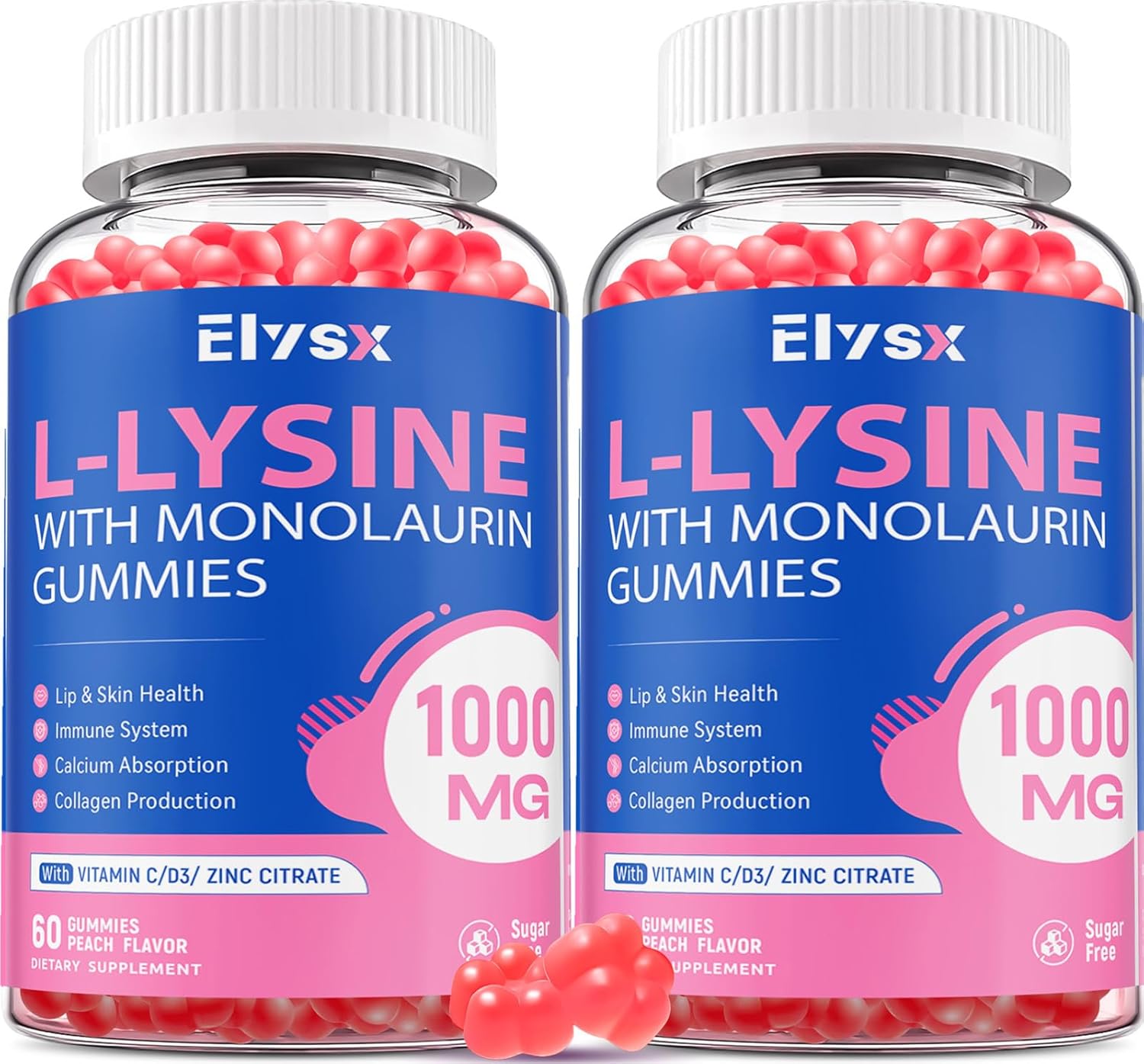 L-Lysine Gummies 1000mg, Sugar-Free Chewable Lysine with Monolaurin Supplement for Adults & Kids, Lips & Oral Health, Immune & Overall Health, Natural Peach Flavor, 120 Count