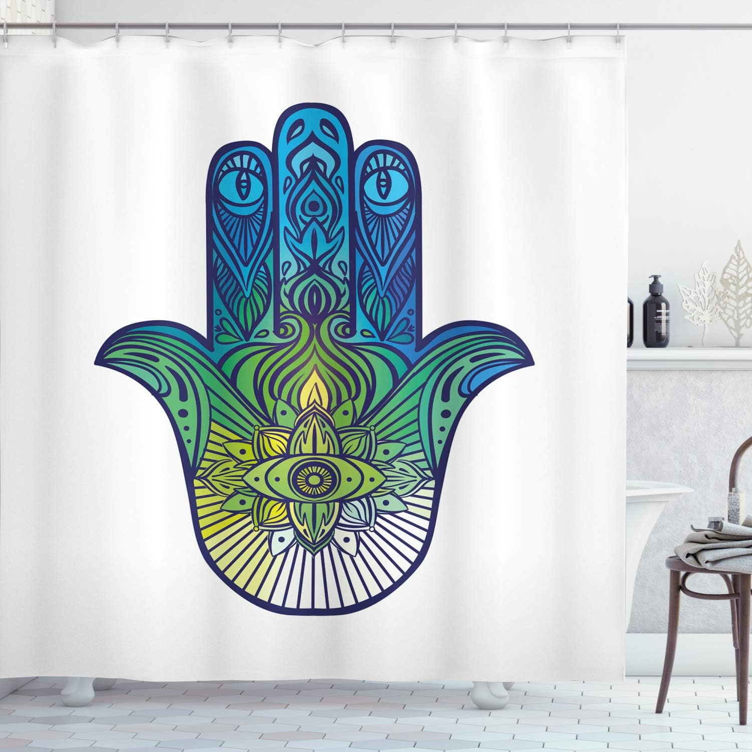 Ambesonne Evil Shower Curtain, Vibrant Colors Culture Oriental, Cloth Fabric Bathroom Decor Set with Hooks, 69" W x 70" L, Blue Green Yellow