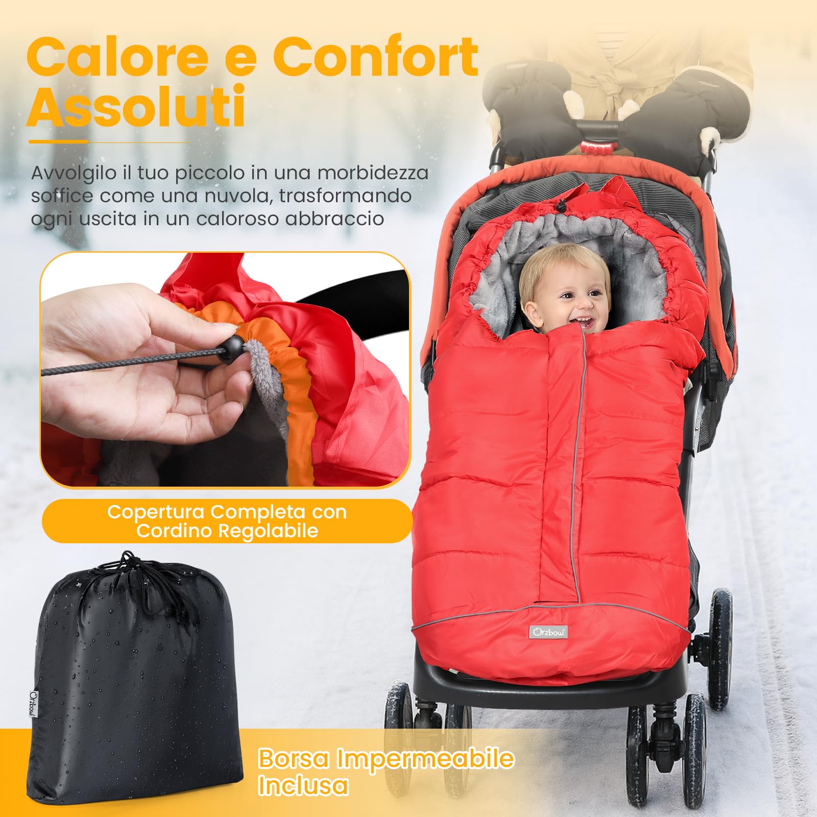 Orzbow Sacco Termico Passeggino Universale Invernale, Coprigambe Passeggino Universale, Caldo Pile, Particelle Antiscivolo, Striscia Riflettente, Impermeabile e Lavabile in Lavatrice, Rosso