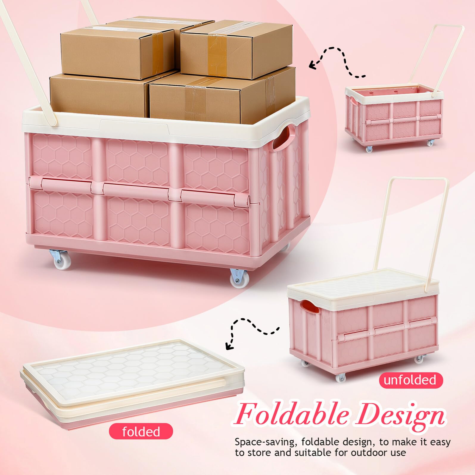 Faltbare Aufbewahrungsbox mit Deckel und Rollen, Groß, Rosa, Kunststoff