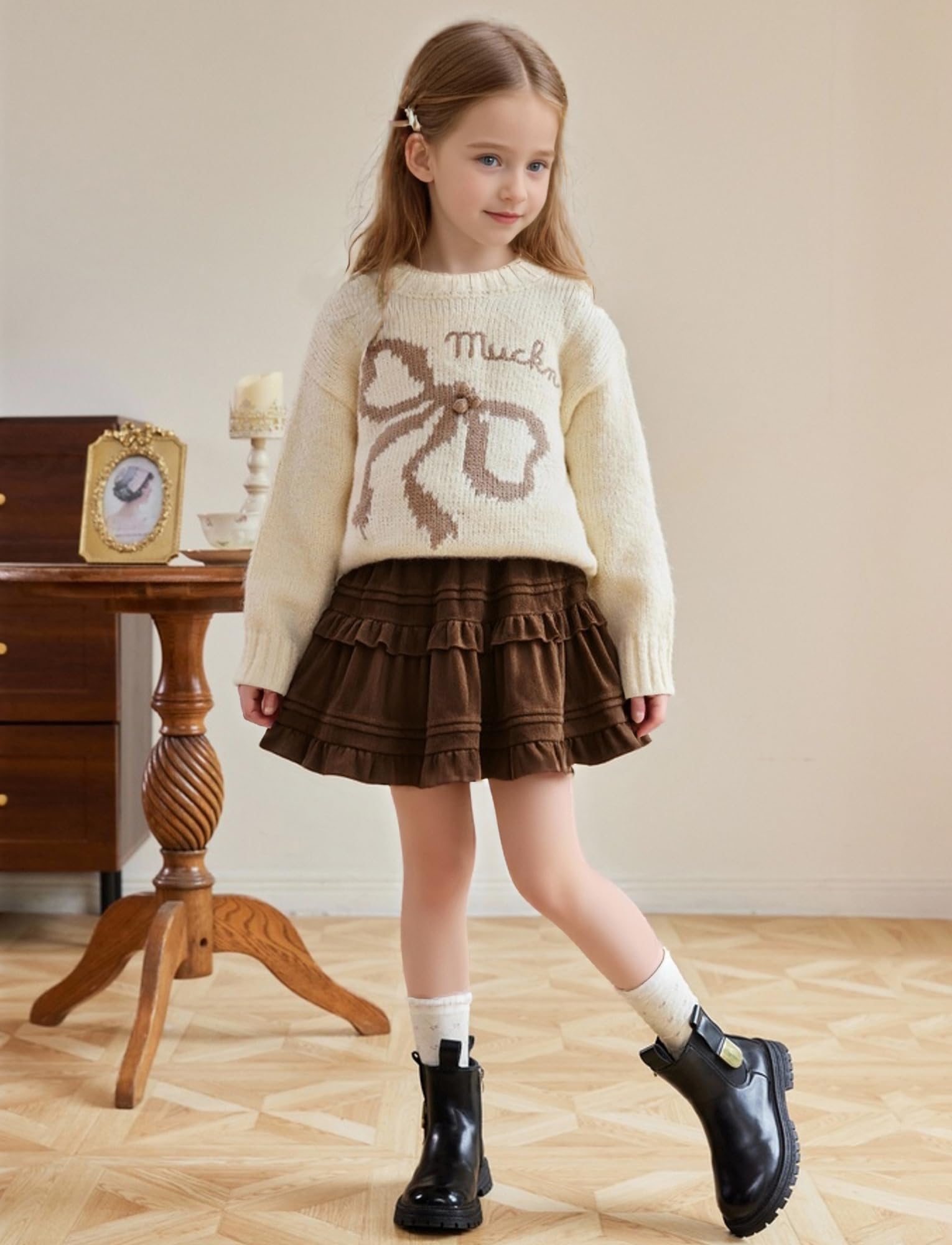Maeau Minigonna a pieghe vintage a vita alta con volant per autunno inverno bambini 5-13 anni