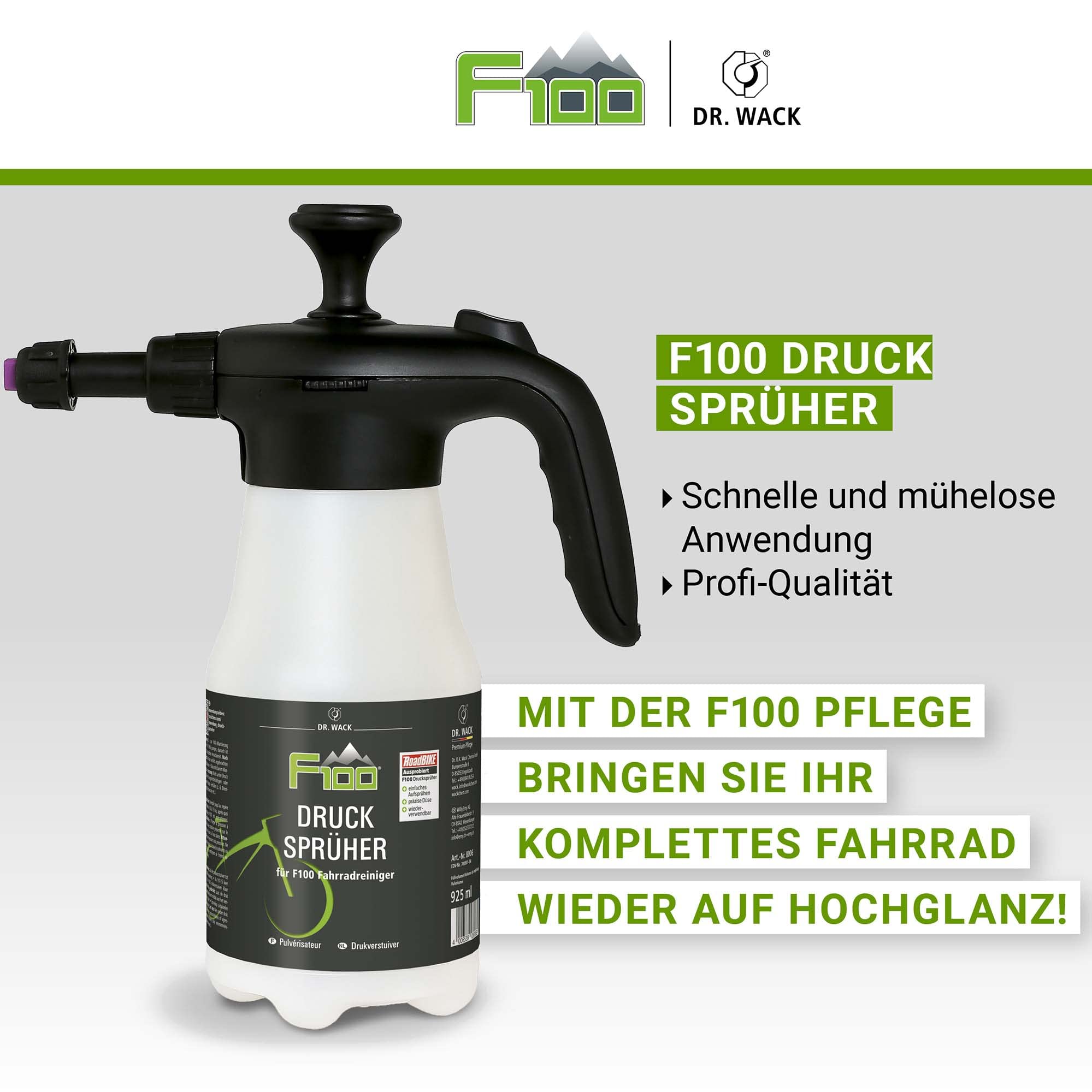 DR. WACK F100 spryskiwacz ciśnieniowy 925 ml – pusta butelka z rozpylaczem do czyszczenia roweru – butelka z pompką z zaworem obrotowym – szybkie i łatwe czyszczenie roweru – akcesoria rowerowe –