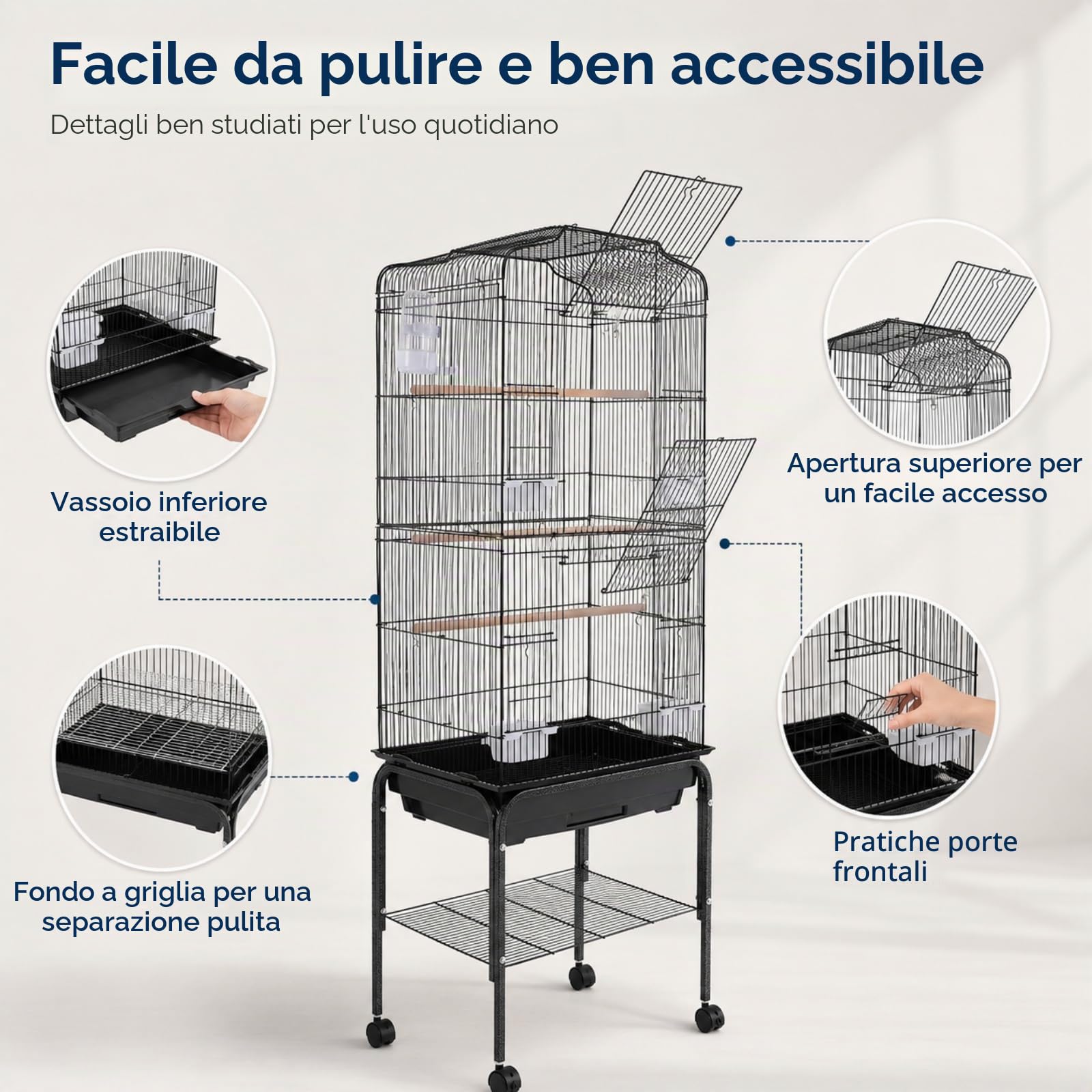 Gabbia per uccelli grande, 47 x 37 x 137,5 cm, per uccelli con ruote, casetta per uccelli con 4 mangiatoie e ciotola per pappagallini, pappagallini