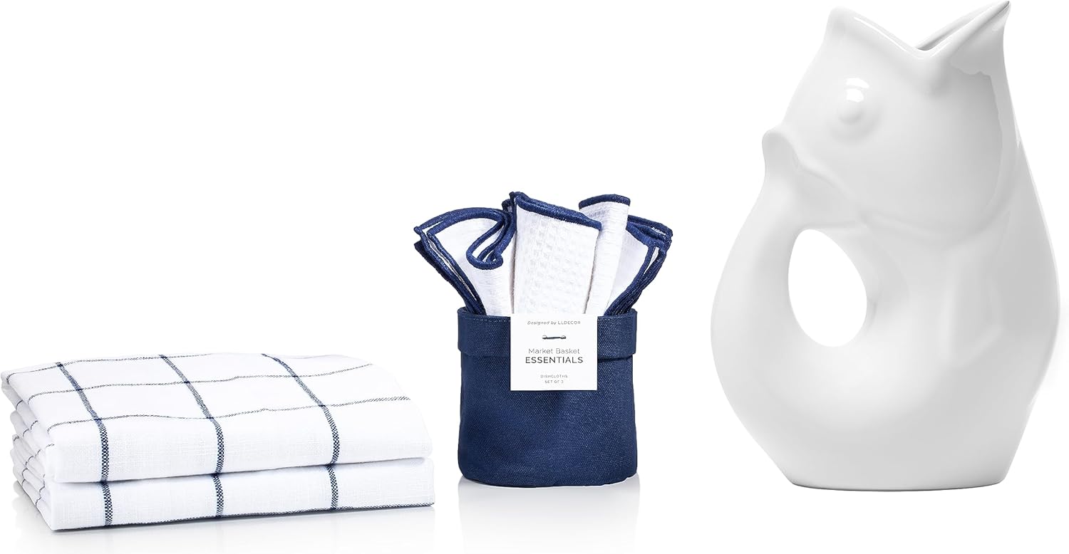 Kitchen Essentials - 7 Piece Set, 42 oz Gurgle Fish Beverage Pitcher with 2 Kitchen Towels and 3 Dishcloths in a Market Basket. Great for Gifting. (Blue Mist)