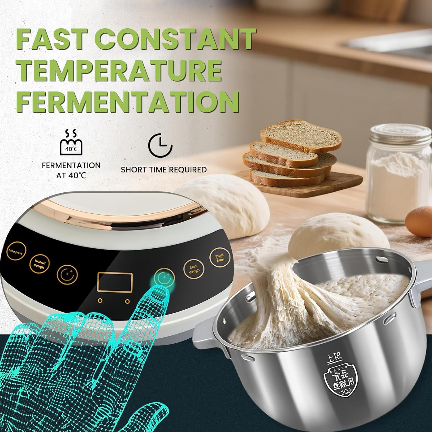 Maszyna do ciasta z funkcją fermentacji, elektryczna miesiarka do ciasta, mieszalnik do mąki ze stali nierdzewnej z powłoką nieprzywierającą z miarkami i łyżkami, panel rozrządu i dotykowy, 25-38 5L