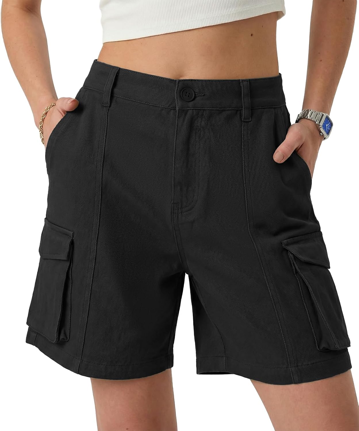 Lepunuo Womens Cargo Shorts Knee Length Bermuda Shorts 6 Pockets Casual Summer Hiking