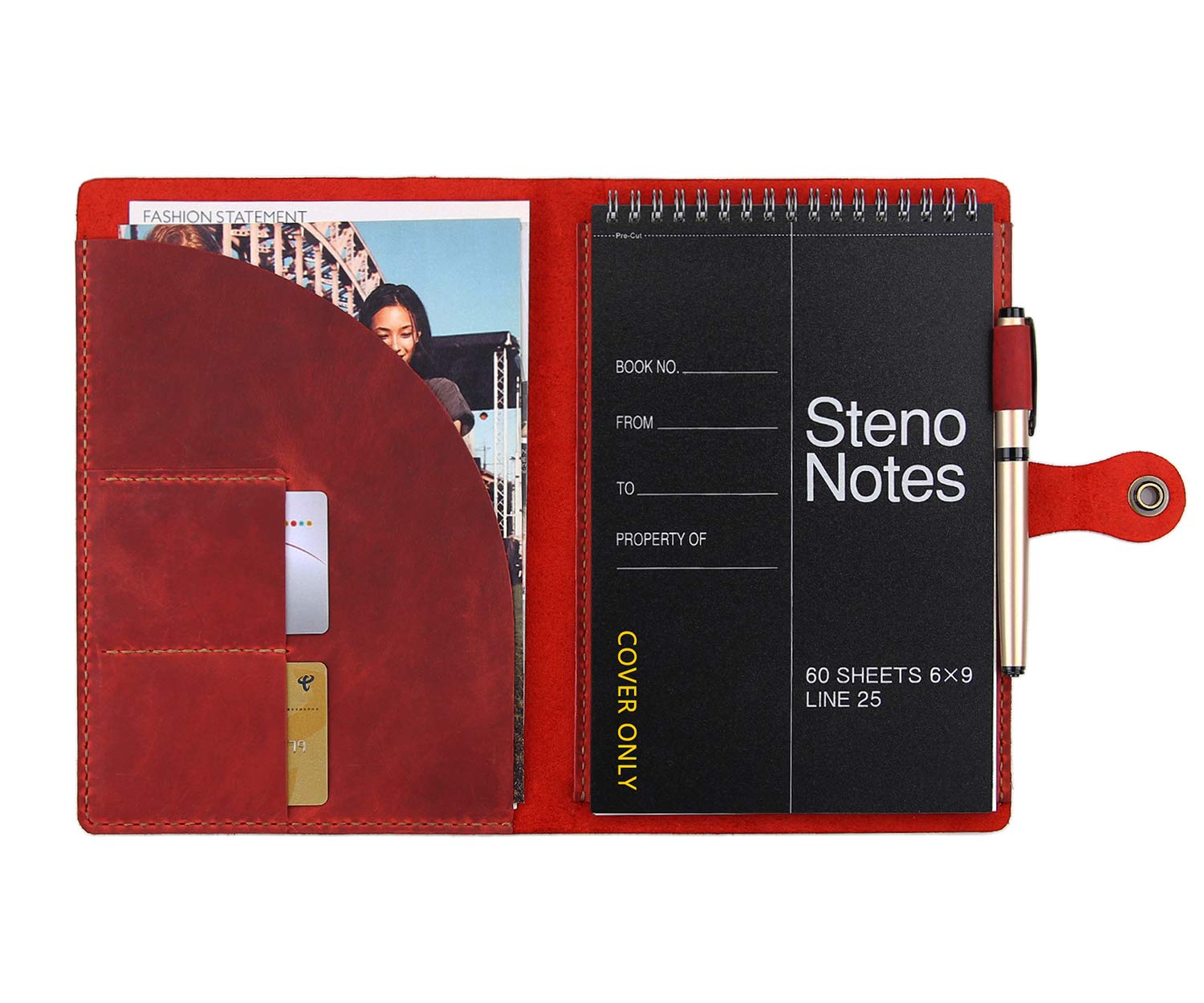 Leather Folio Cover for 6"x9" Steno Pads, Handmade Leather Cover for A5 Size Notebook with Pen Loop, Leather Cover Compatible with Rocketbook Flip Executive Size,Wine