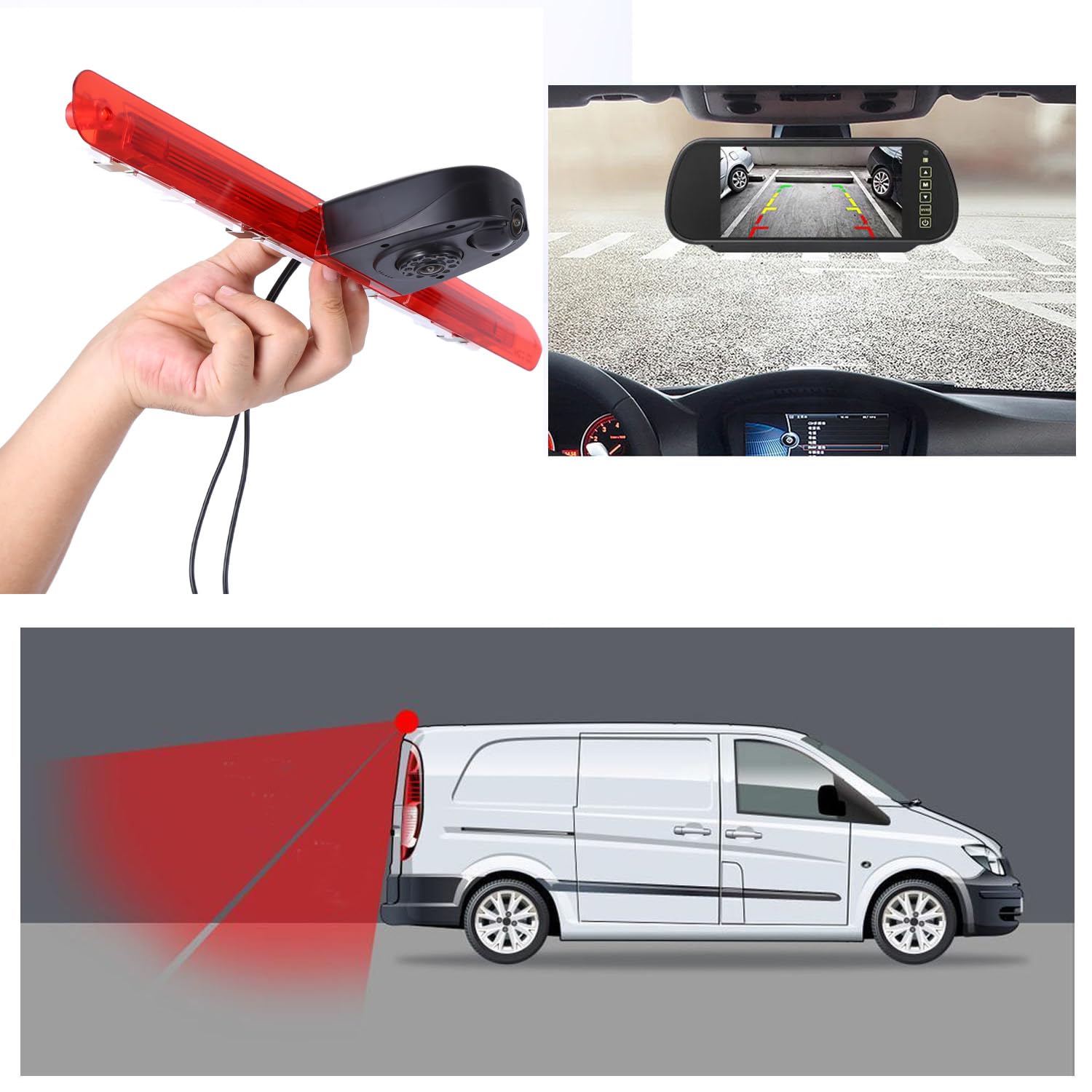 HD Auto IP68 1280 pikseli Transporter światło hamowania dach widok z tyłu kamera cofania podwójny obiektyw z regulacją kąta kompatybilna z Mercedes Benz Vito/Tourer/Mixto/Panel VanKasten/V-Klasse Rise