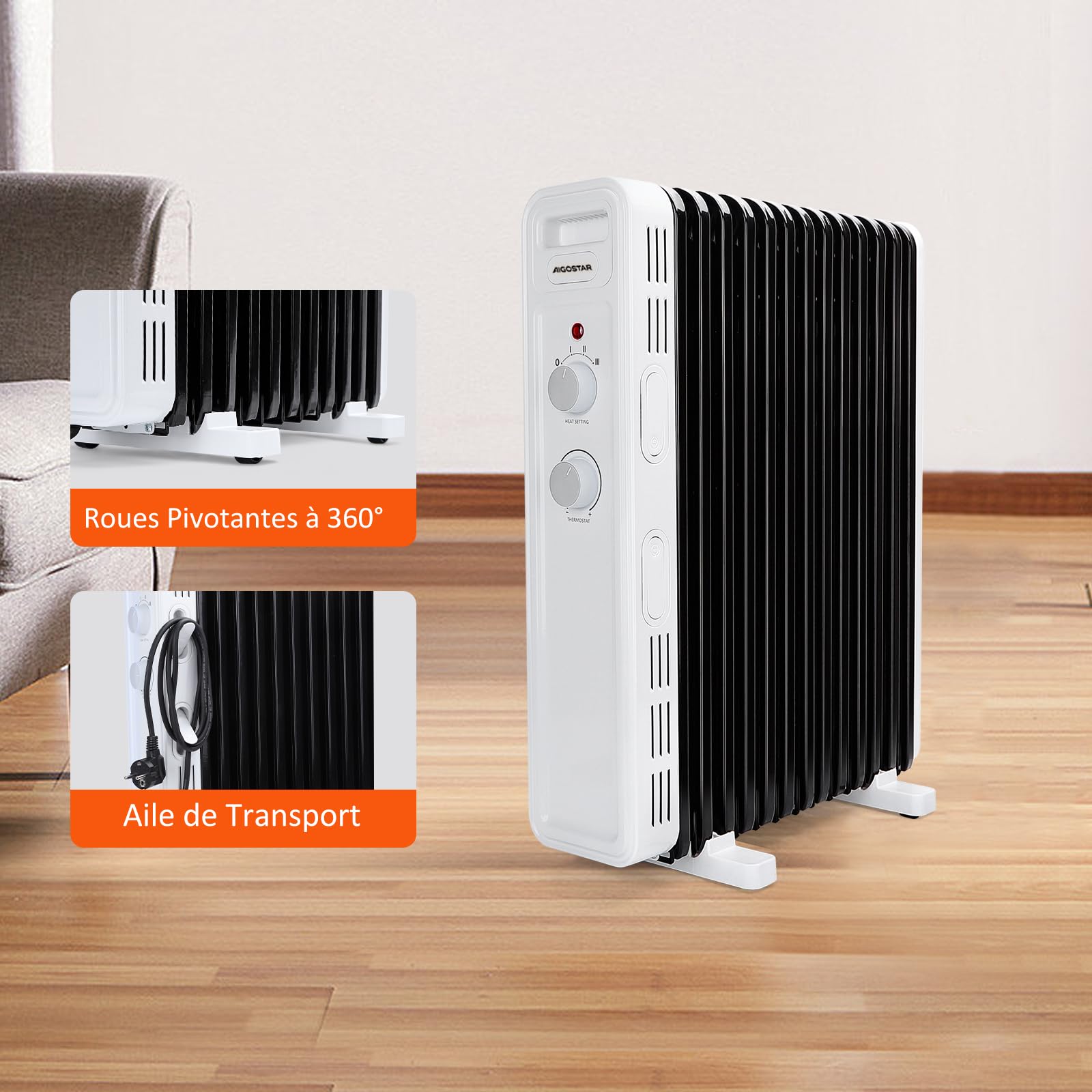 Aigostar Radiateur à Bain d'Huile 2500W, 13 Éléments,Économie d’énergie