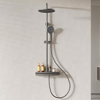 Thermostat-Duschsystem, Duscharmatur Komplettset mit Regenduschkopf und Handbrause, Wandmontage Badezimmer Dusche, XL Regenduschkopf 255 mm mit Duscharmatur
