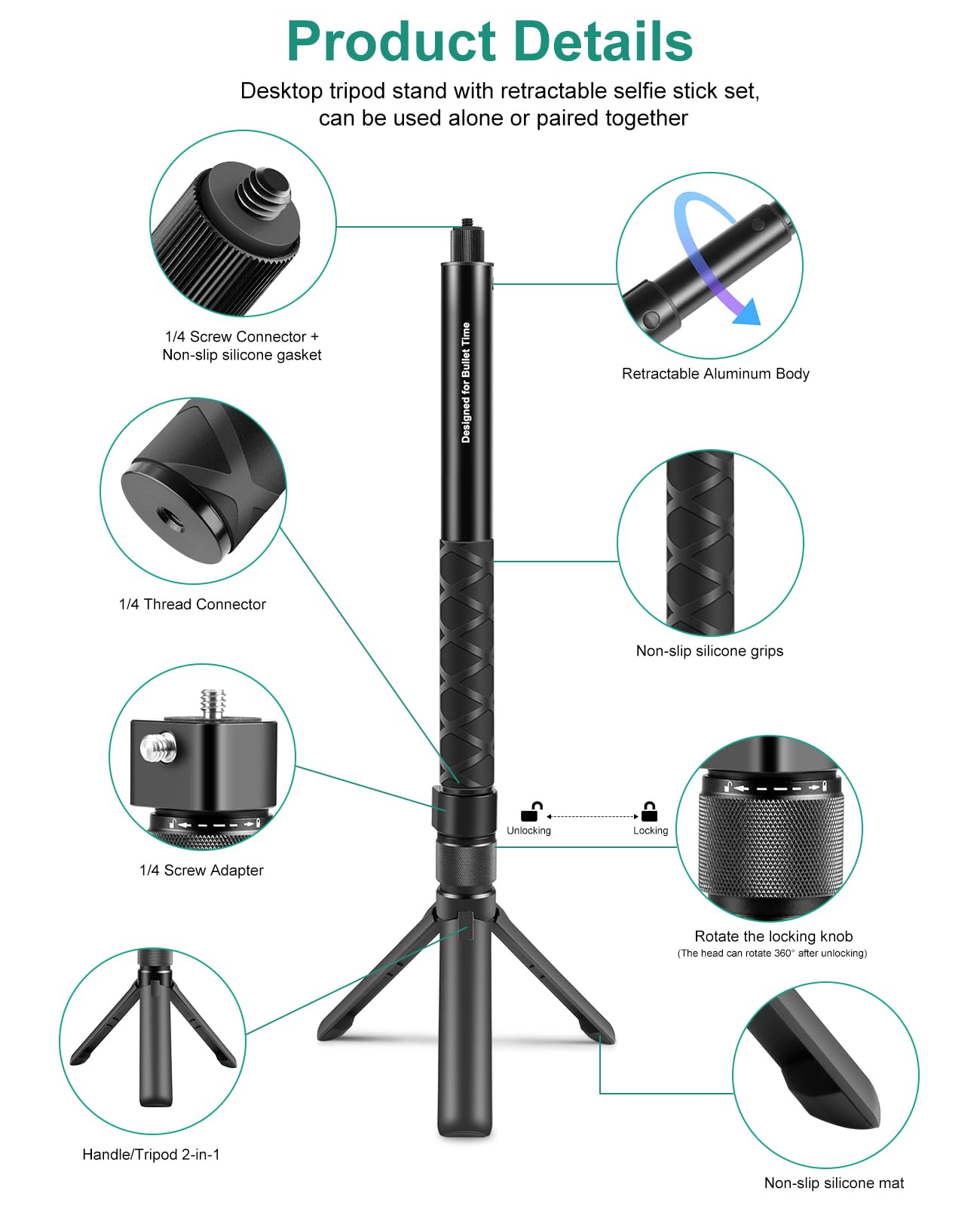 PULUZ 43Inch/110cm Retractable Selfie Stick & Camera/Phone Tripod, Invisible Bullet Time Swivel Grip Desktop Tripod Stand, Black, Aluminum, Compatible with Insta360 X3, Sports Camera, Smartphone
