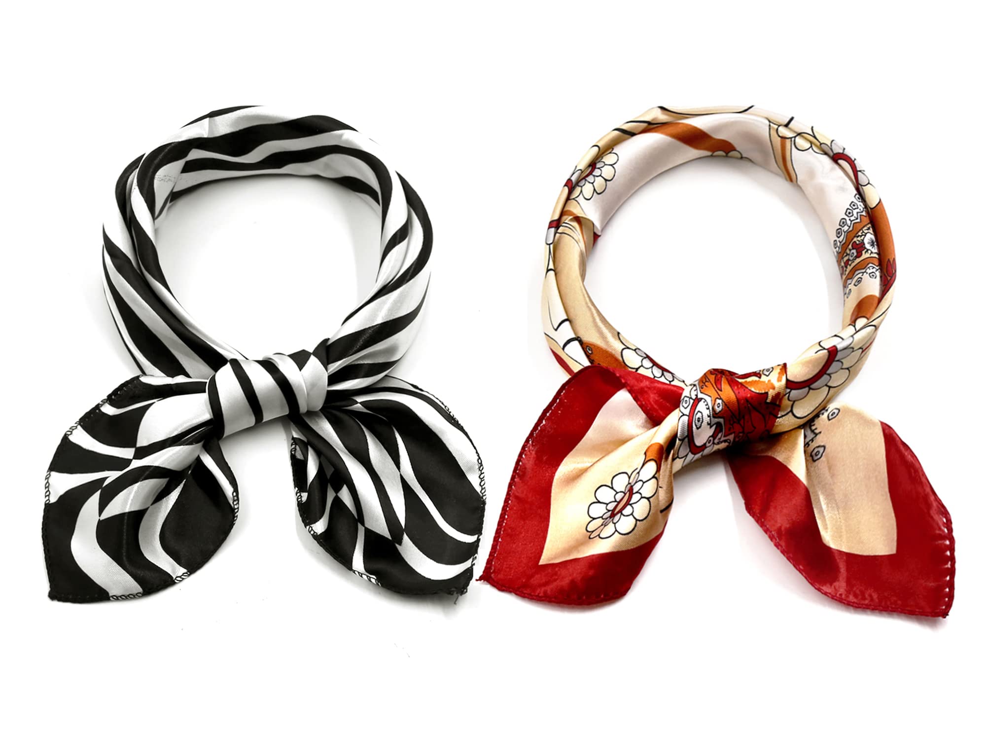 Elerevyo 2Pcs Women's Satin Silky Scarves - 19.6"x19.6" - Square Printed Neckerchief Neck Scarf Black Zebra&Red Floral 50 * 50cm/19.69 * 19.69"(L*W)