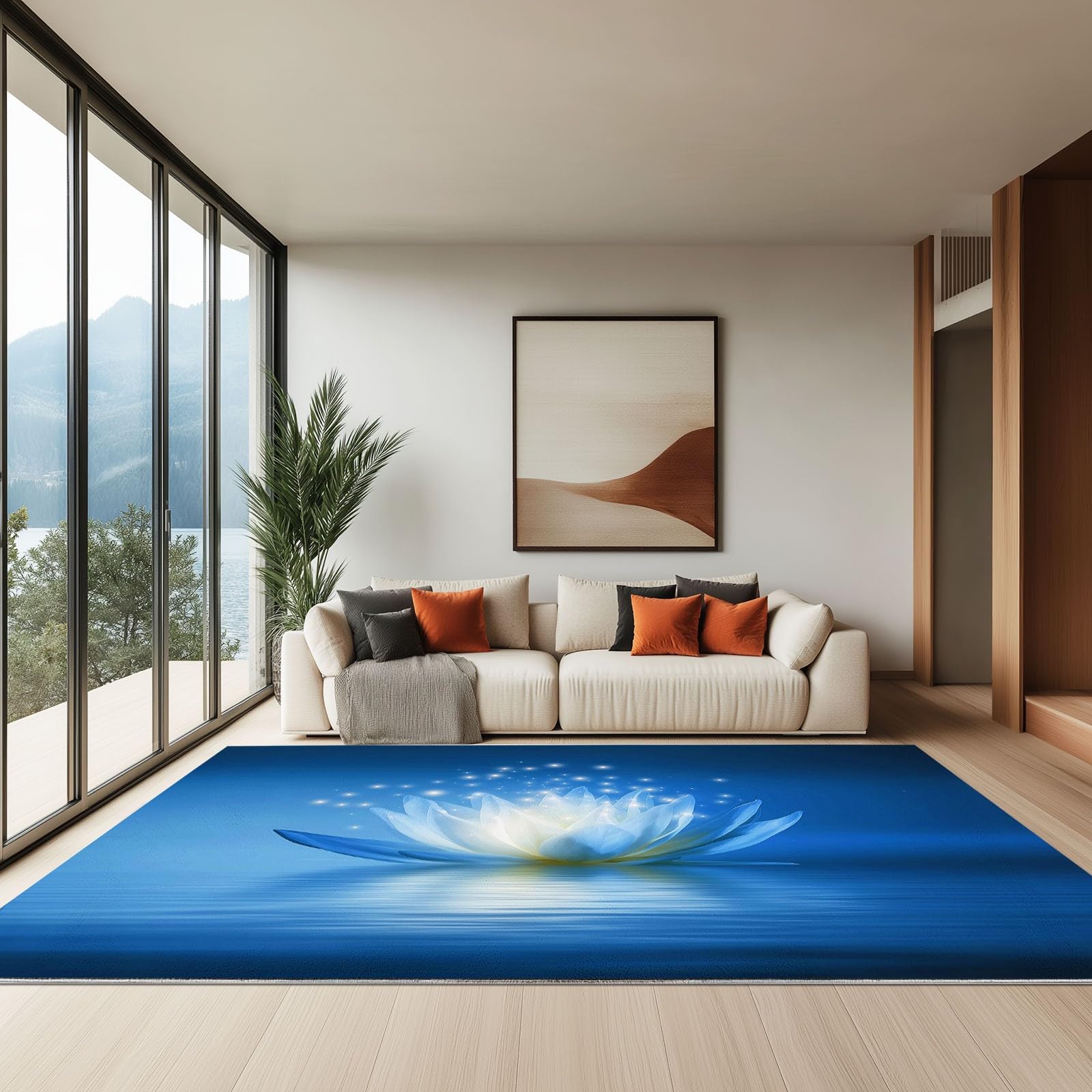 Dywaniki do salonu, 180 x 240 cm, rośliny, kwiatowy lotos, można prać w pralce, antypoślizgowy dywan, trwały, ze sztucznej wełny do sypialni, kuchni, biura, jadalni, wewnątrz, niskie runo, niebieski