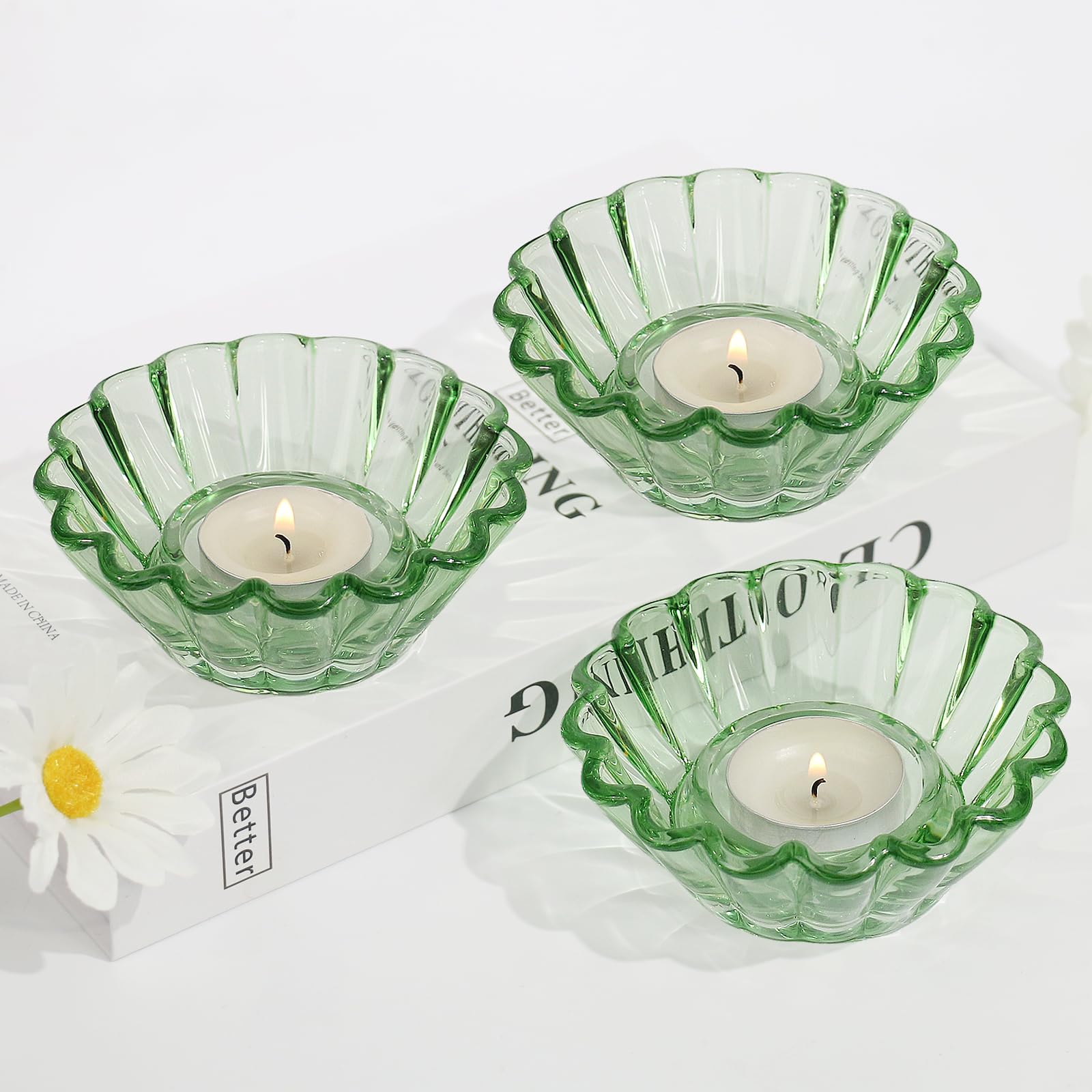 HofferRufferGreen Glass Tea Light Holder Set of 3 Tea Light Glasses for Wedding, Birthday, Table Decoration