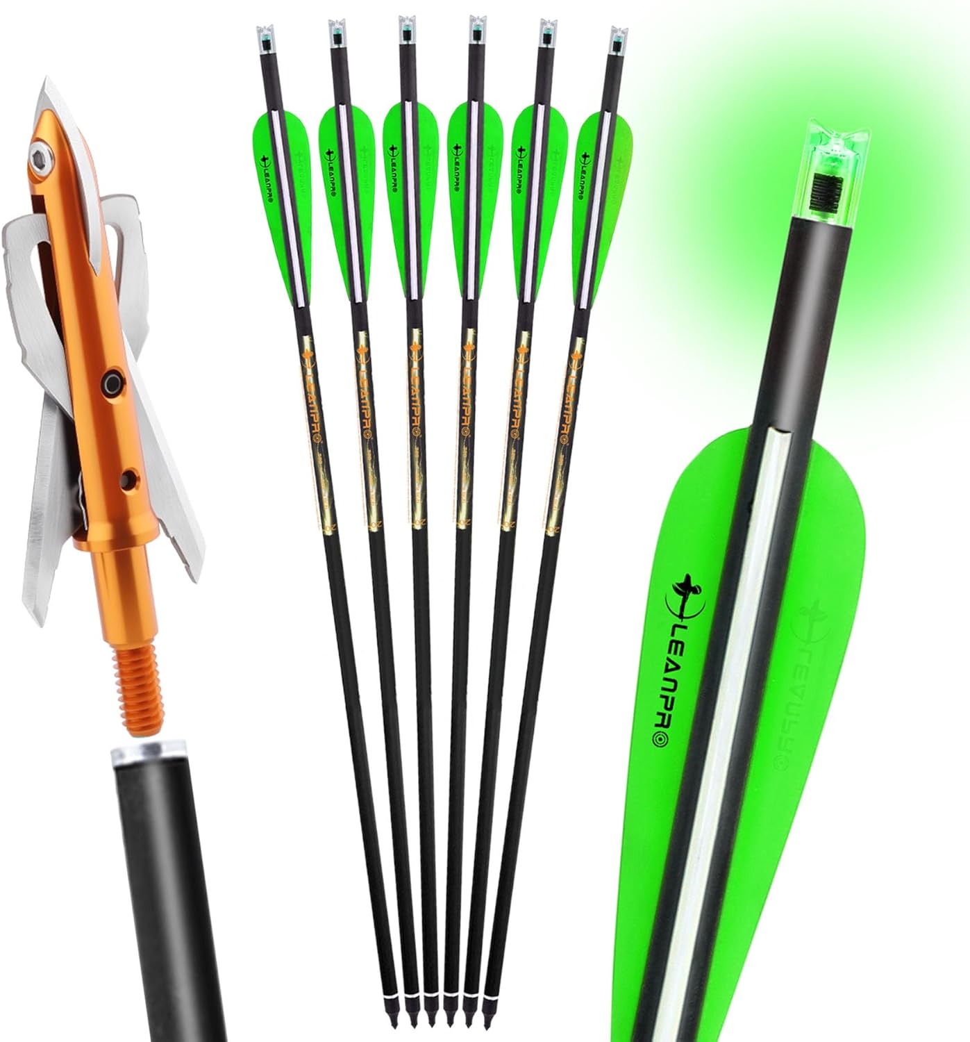 20 inch Carbon Crossbow Bolt Hunting Arrows with 100 Grain 2 Blade Mechanical Broadhead and 7.62mm Lighted Nocks (Green)