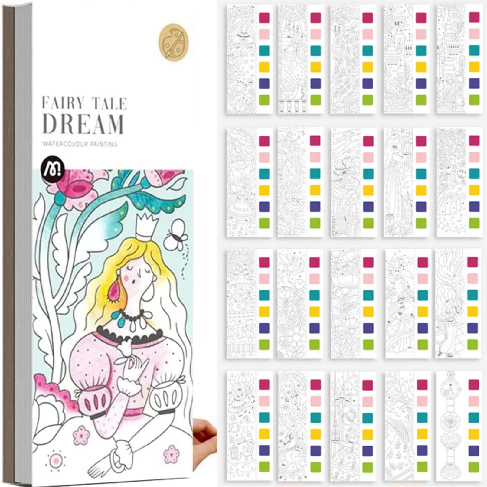 AM ANNA Pocket Watercolor Painting Book for Kids, 20 Sheet Travel Pocket Watercolor Kit,Watercolor Paint Bookmark Kit for Kids Art for Classroom Valentines Day Cards (Fairy Tale Dream)