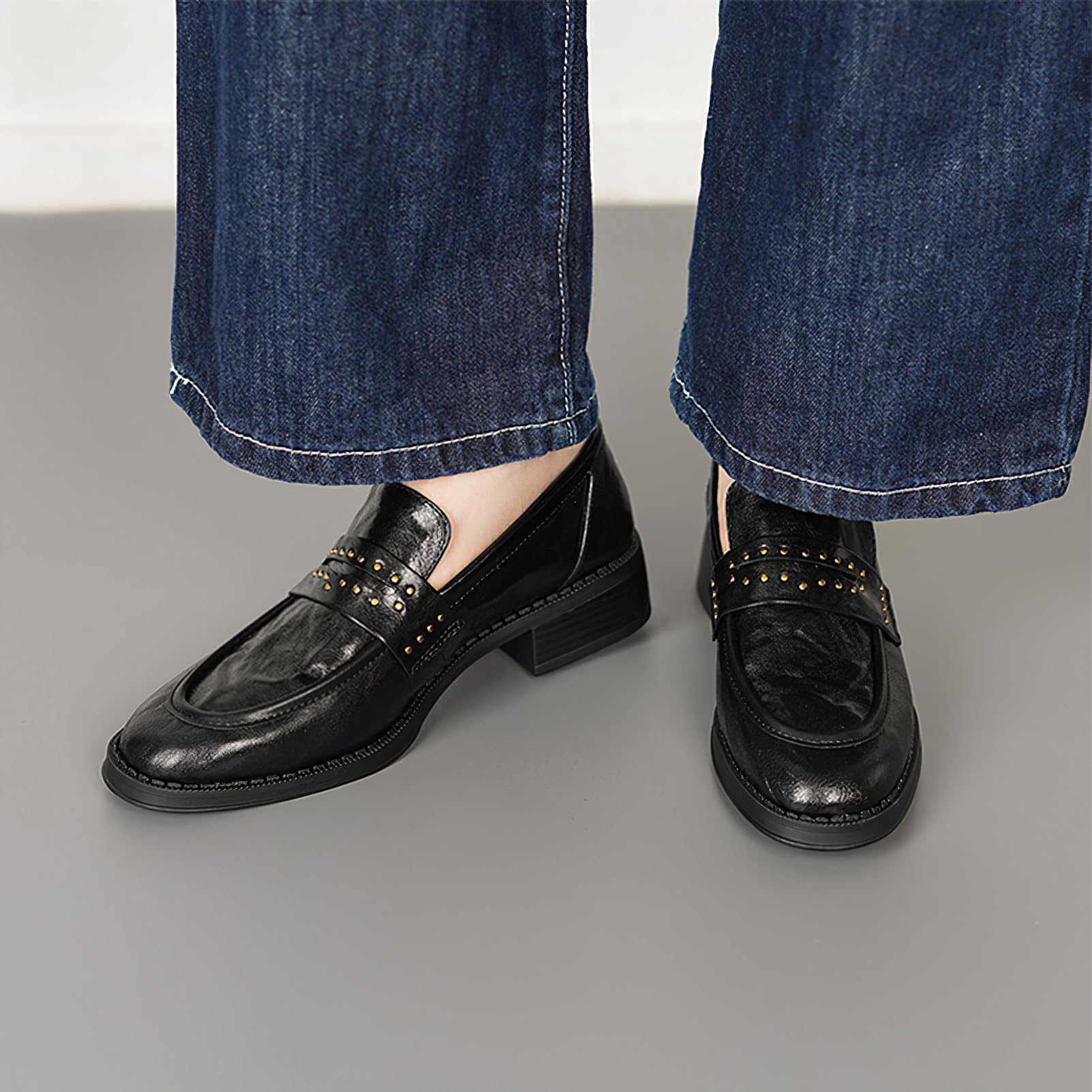ANUFER Mujeres Cool Punk Remache Mocasines Penny Punta Redonda Slip-On Tacón de Bloque Zapatos de Vestir