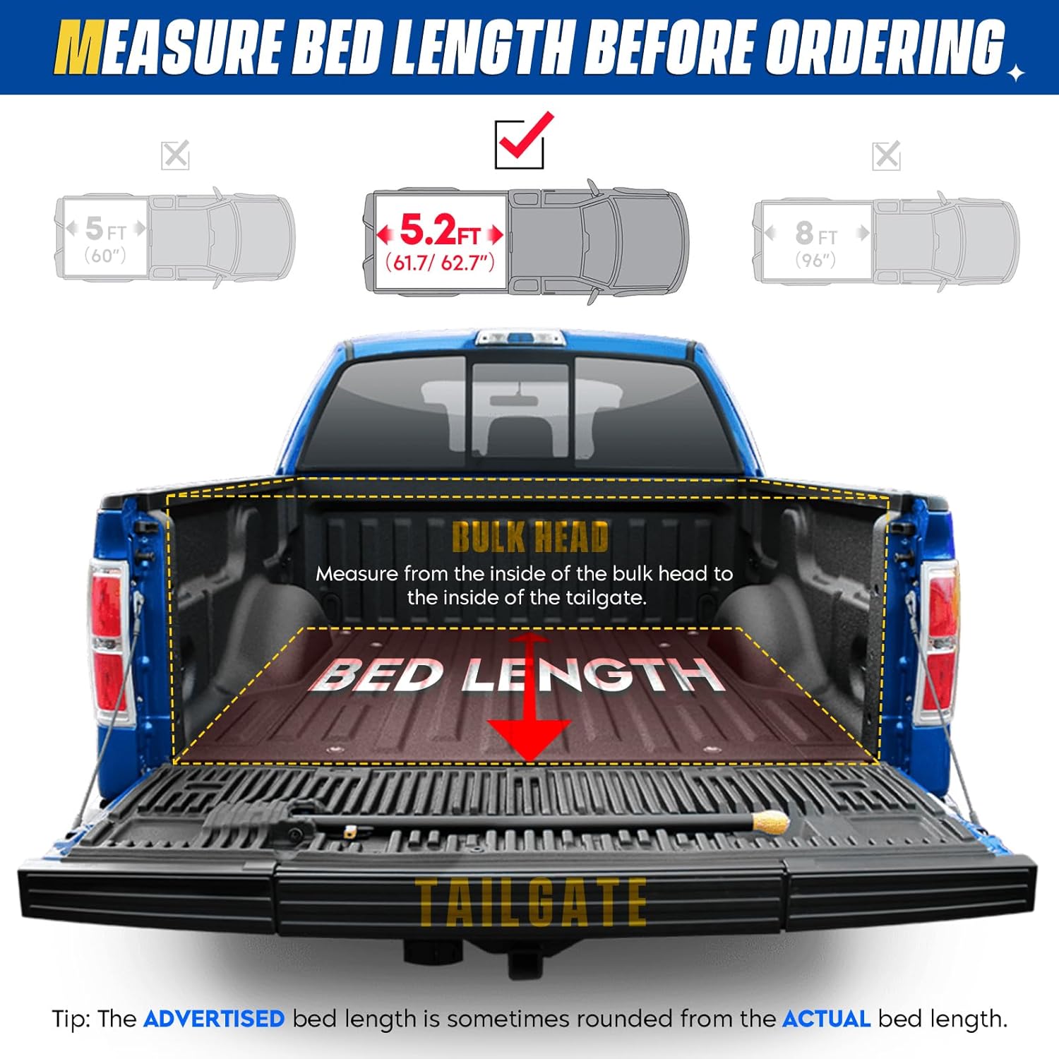 Soft Roll-up Truck Bed Tonneau Cover for 2015-2025 Chevy Colorado & GMC Canyon, Fleetside 5.2 ft 61.7/62.7 in Bed 5.2' (61") 2015-2024