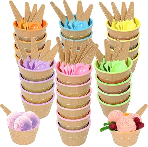 Hbaushun Paquete de 26 cuencos de plástico para helado con cucharas, tazas de helado de plástico reutilizables, juego de cuencos de helado de