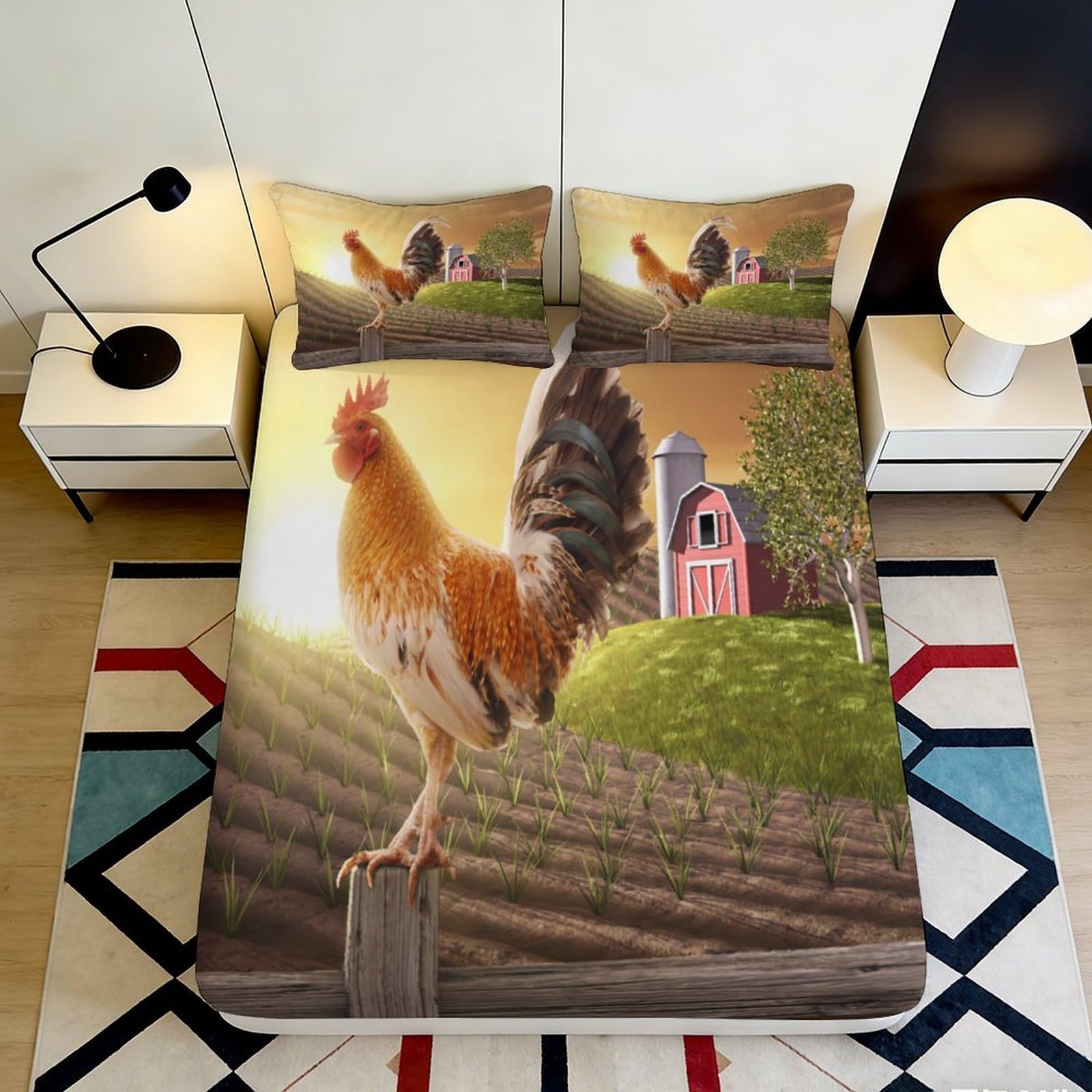 3D Printed Farm Sunrise Fitted Sheet Microfiber Rooster Barn Mattress Cover for Bedroom Guest Room Decor 200x200x25cm