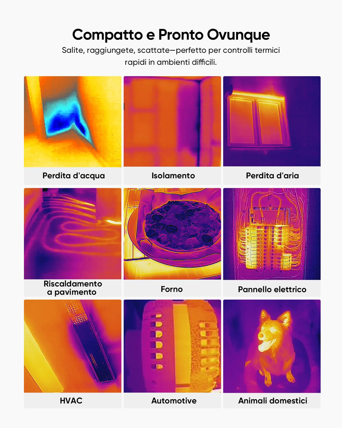 La termocamera compatta HIKMICRO E03 ha una risoluzione SuperIR di 240x240 e una camera visibile con risoluzione 96x96/9216 pixel, 25 Hz, display touchscreen da 3.5", IP54, da -20°C a 350°C