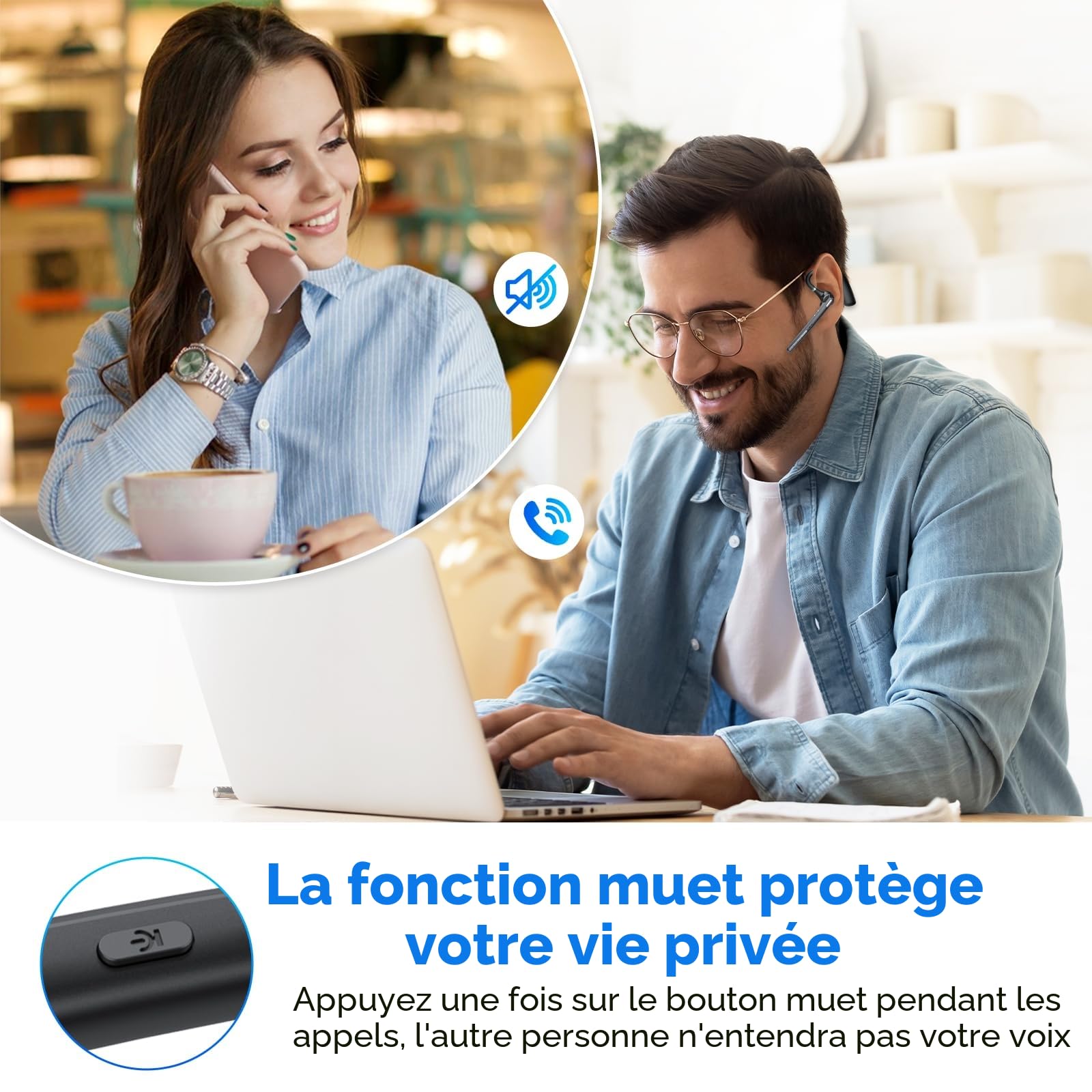 CASCHO Oreillette Bluetooth sans Fil V5.3 avec Dual Annulation De Bruit ENC Mic, Kit Main Libre Bluetooth,Casques avec 60H de Temps de Conversation étui de Chargement LED pour iPhone/Android