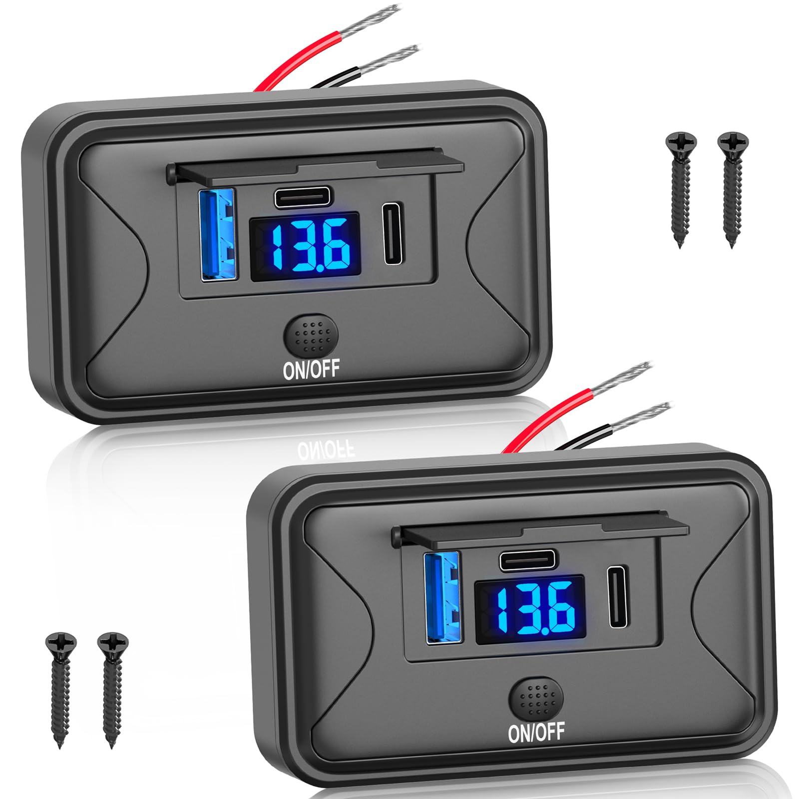 90W 12V USB Outlet Panel Wall Mount, Dual 36W USB C and QC 3.0 18W Car USB Port Charger with Voltmeter Button Switch, Waterproof 3 USB Multi Port