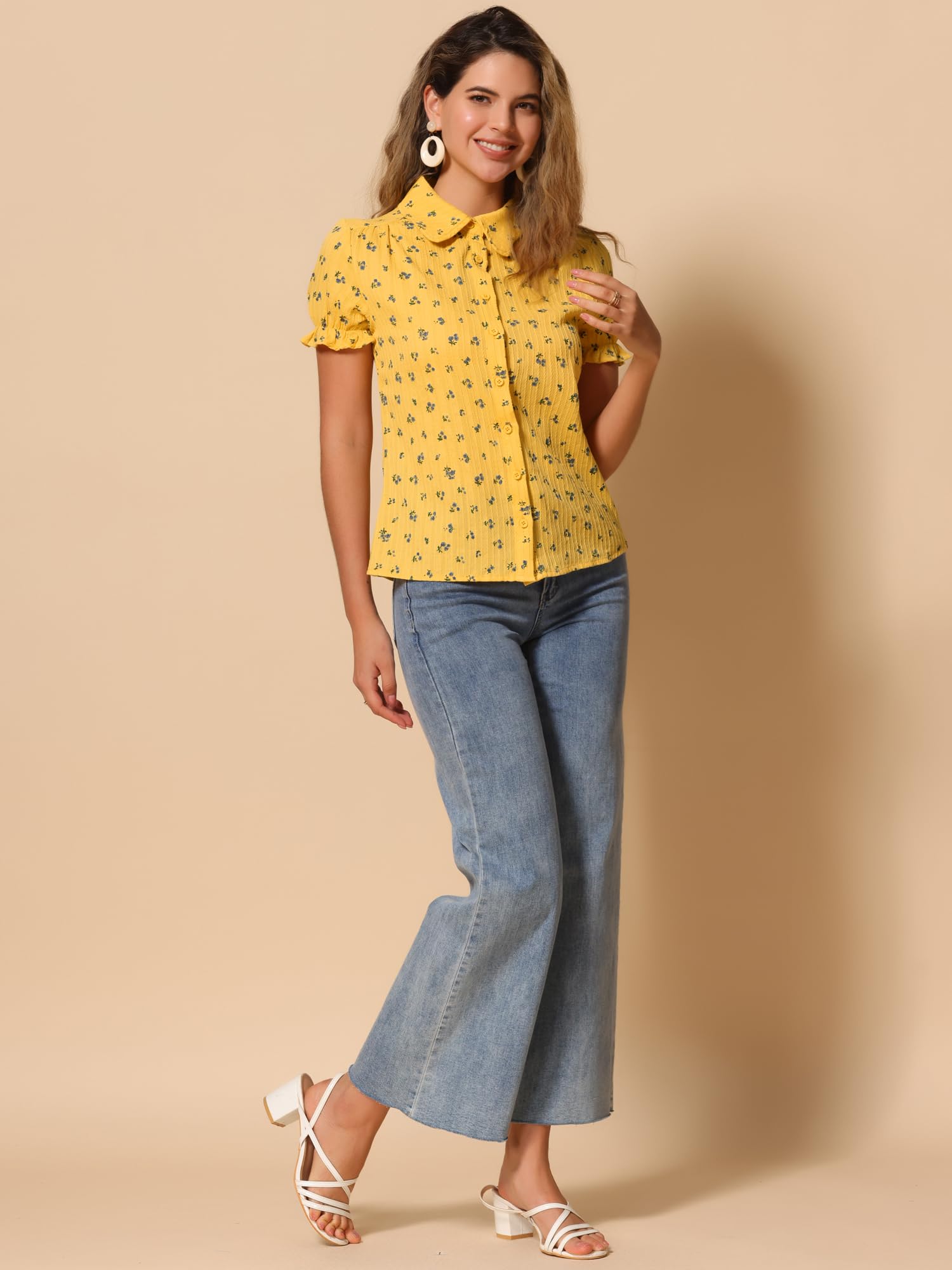 Allegra K Chemise à col Rabattu en Coton à Volants pour Femmes